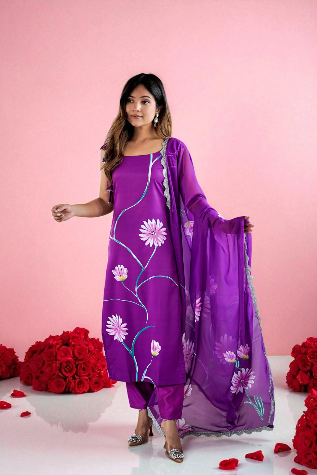 Regal Purple French Crepe Hand-Painted Floral Kurta Set with Scalloped Organza Dupatta