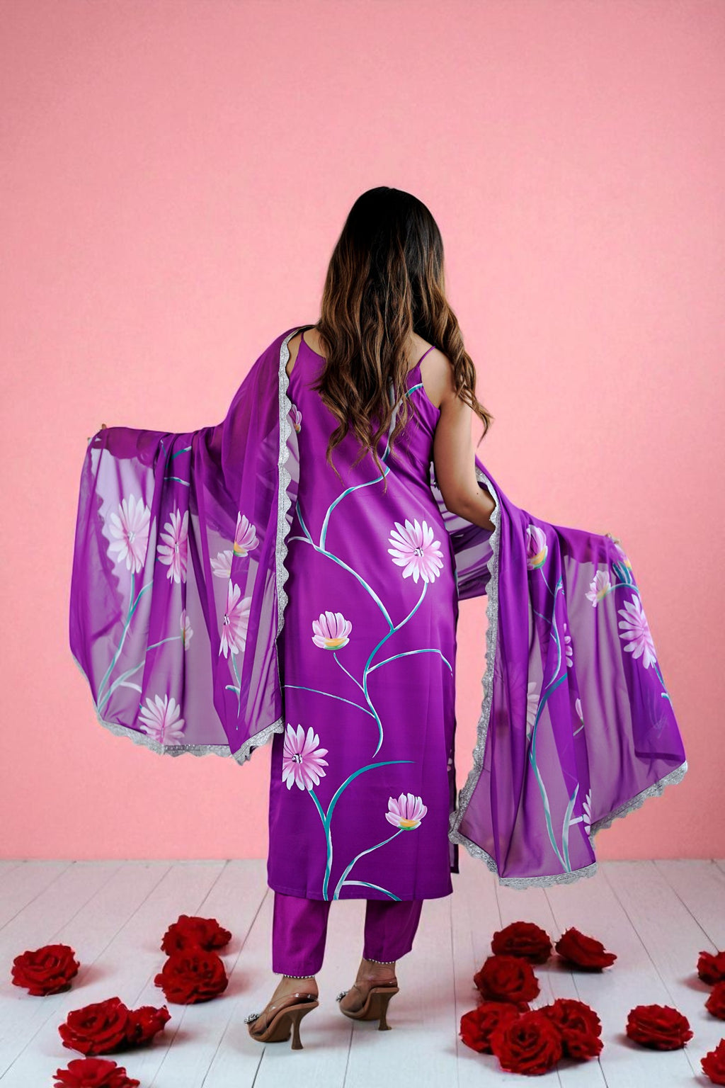 Regal Purple French Crepe Hand-Painted Floral Kurta Set with Scalloped Organza Dupatta