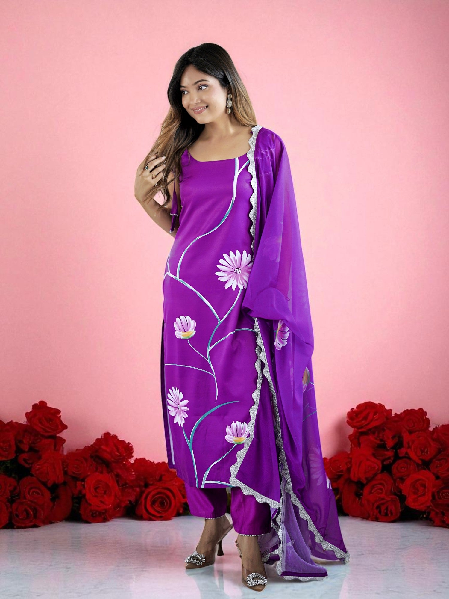 Regal Purple French Crepe Hand-Painted Floral Kurta Set with Scalloped Organza Dupatta