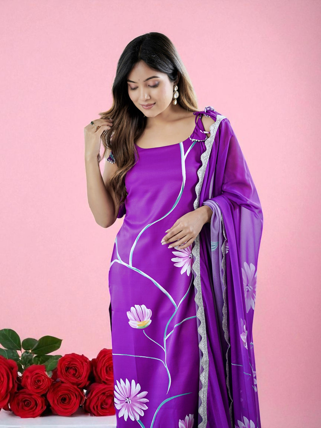 Regal Purple French Crepe Hand-Painted Floral Kurta Set with Scalloped Organza Dupatta
