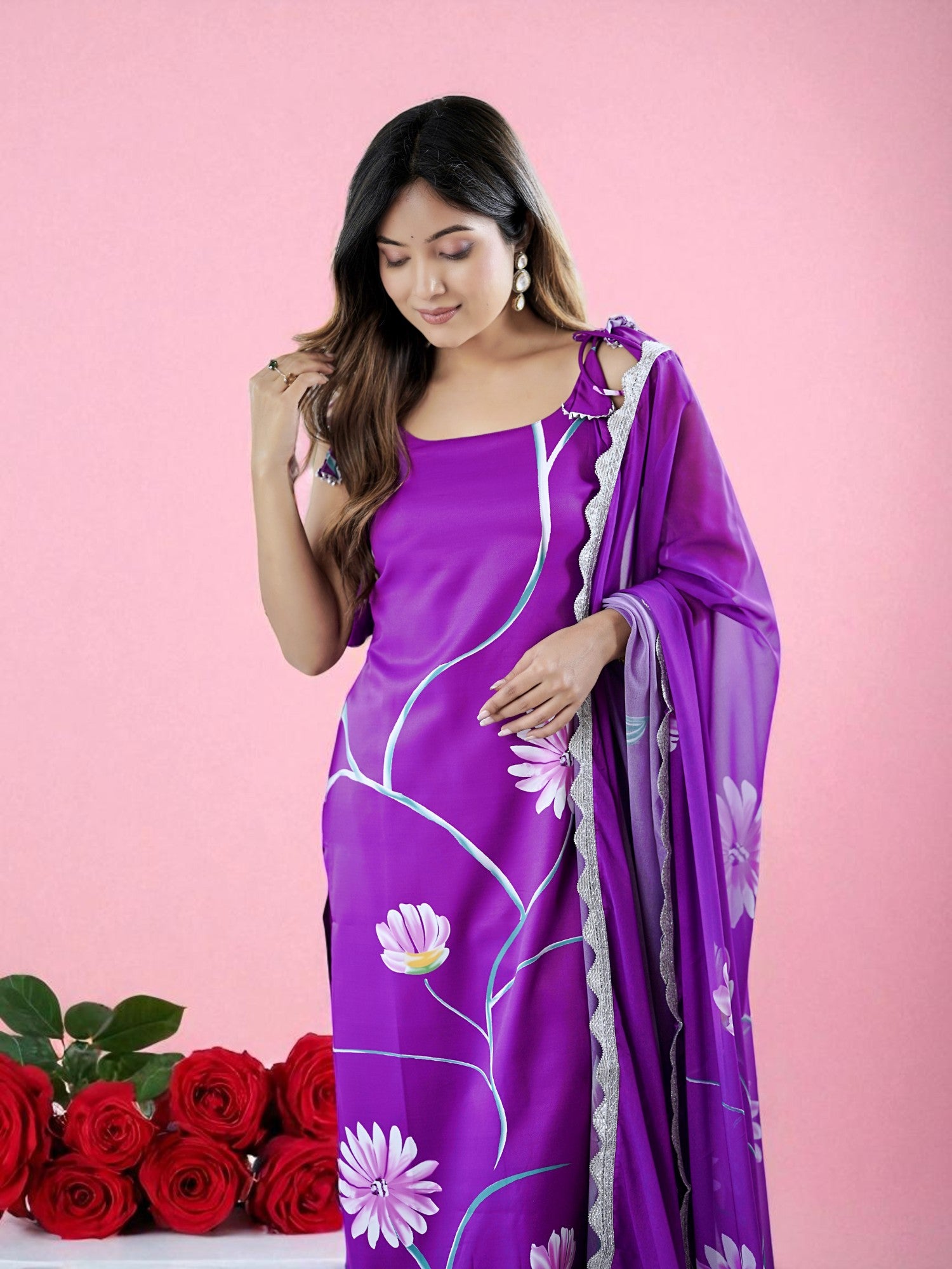 Regal Purple French Crepe Hand-Painted Floral Kurta Set with Scalloped Organza Dupatta