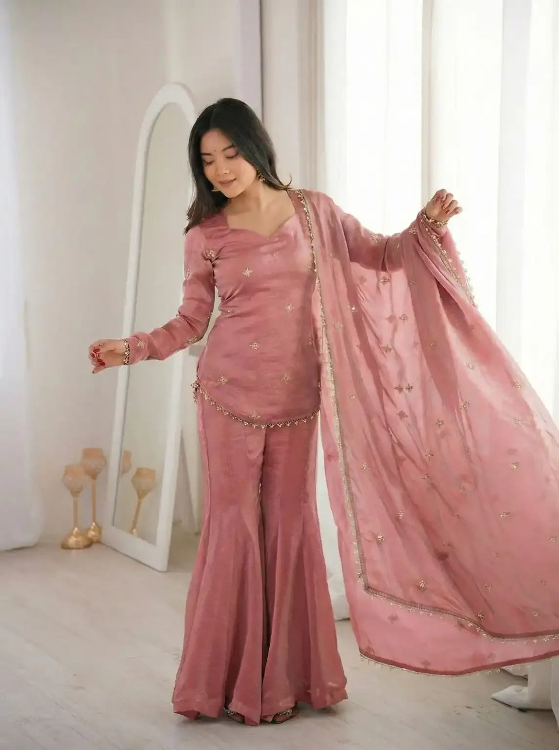 Elegant Rose Pink Fendy Silk Short Kurta with Sharara & Embroidered Dupatta Set