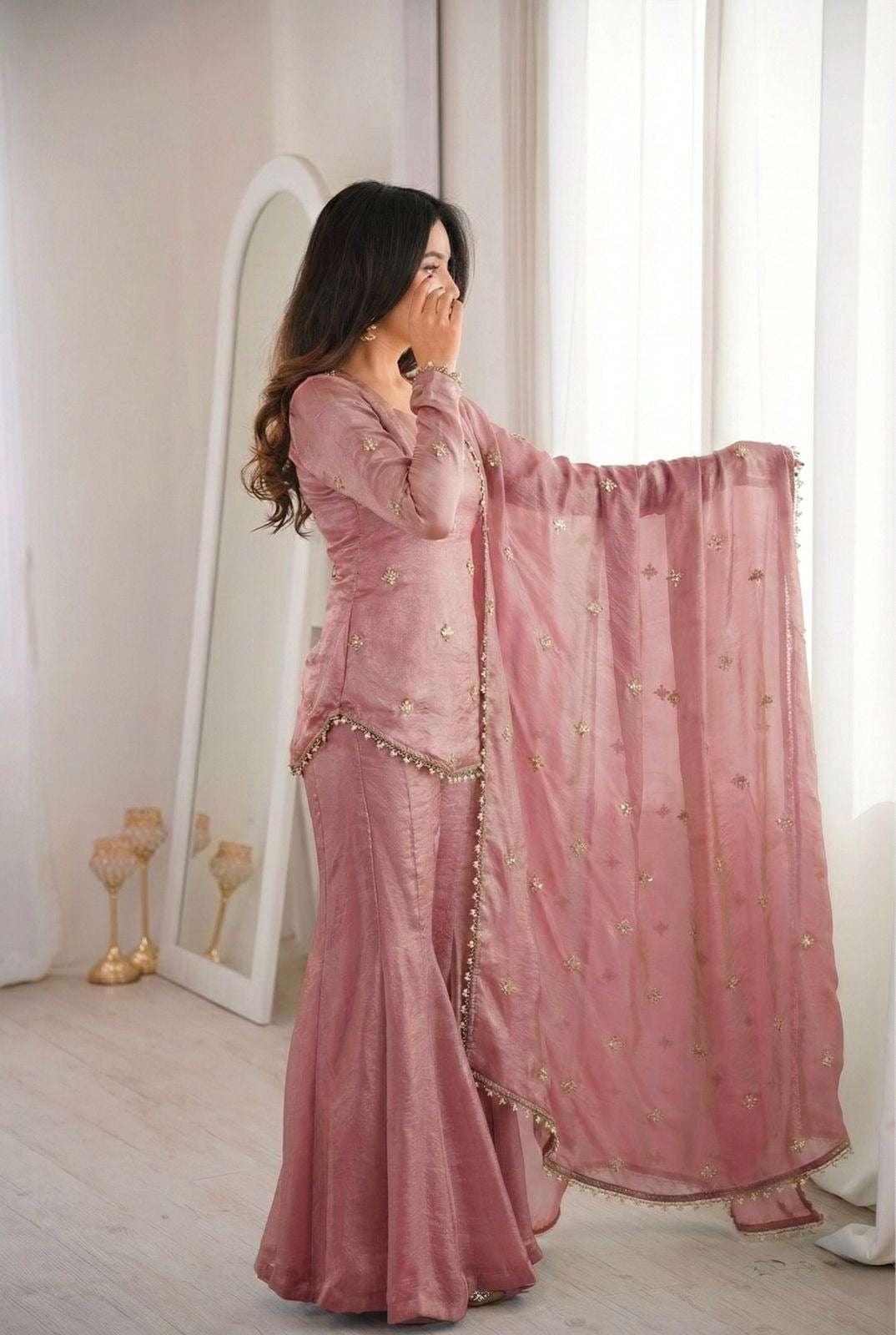 Elegant Rose Pink Fendy Silk Short Kurta with Sharara & Embroidered Dupatta Set
