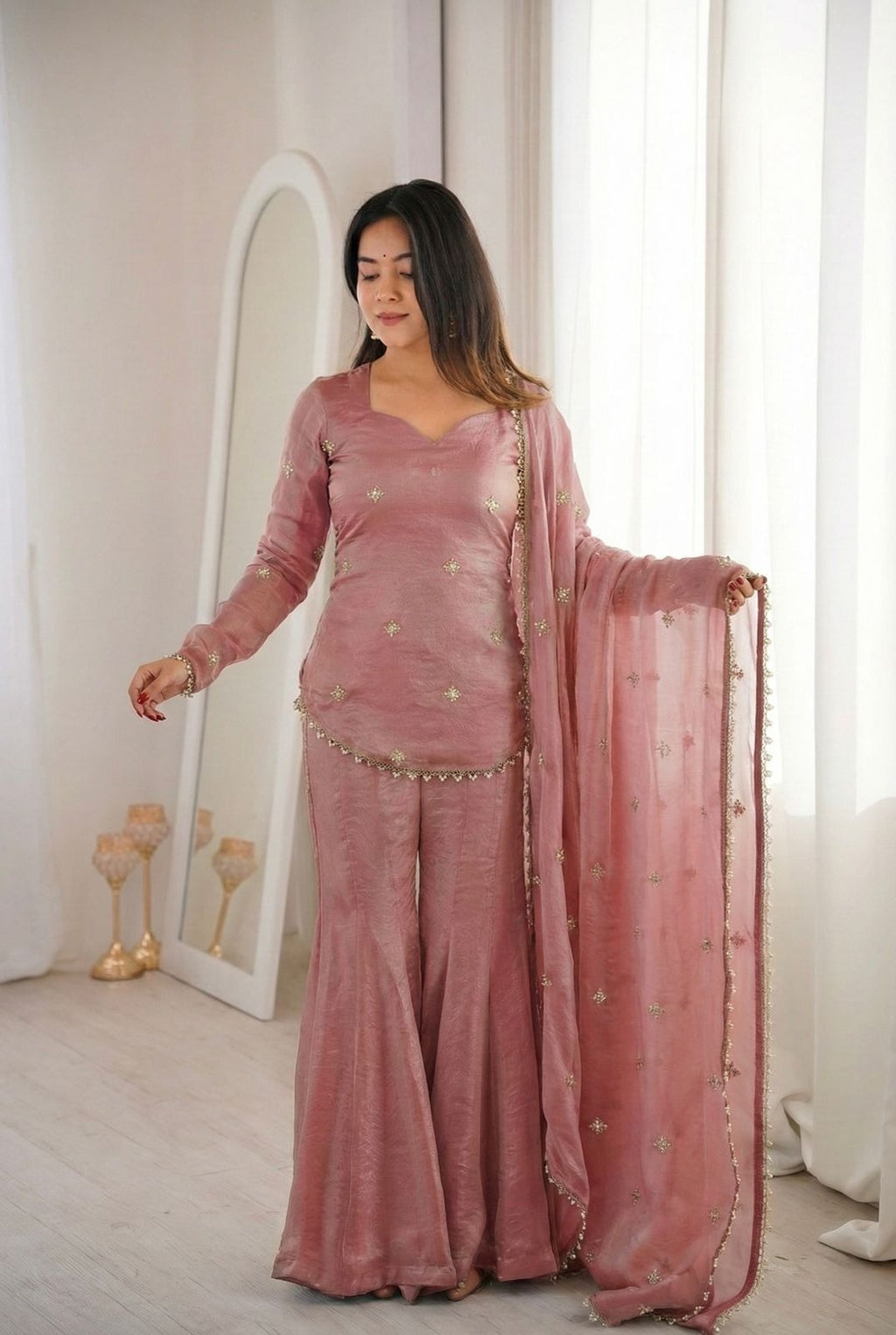 Elegant Rose Pink Fendy Silk Short Kurta with Sharara & Embroidered Dupatta Set