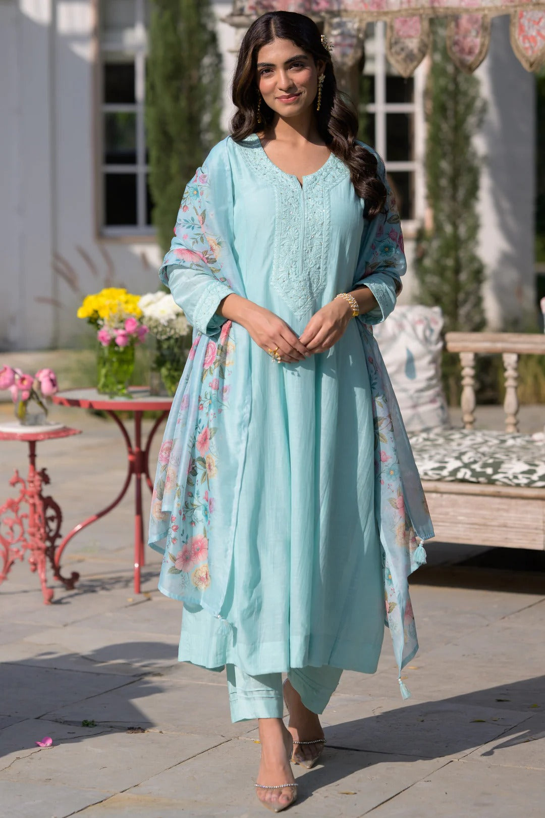 Elegant Sky Blue Chanderi Silk Embroidered Kurta Set with Floral Organza Dupatta