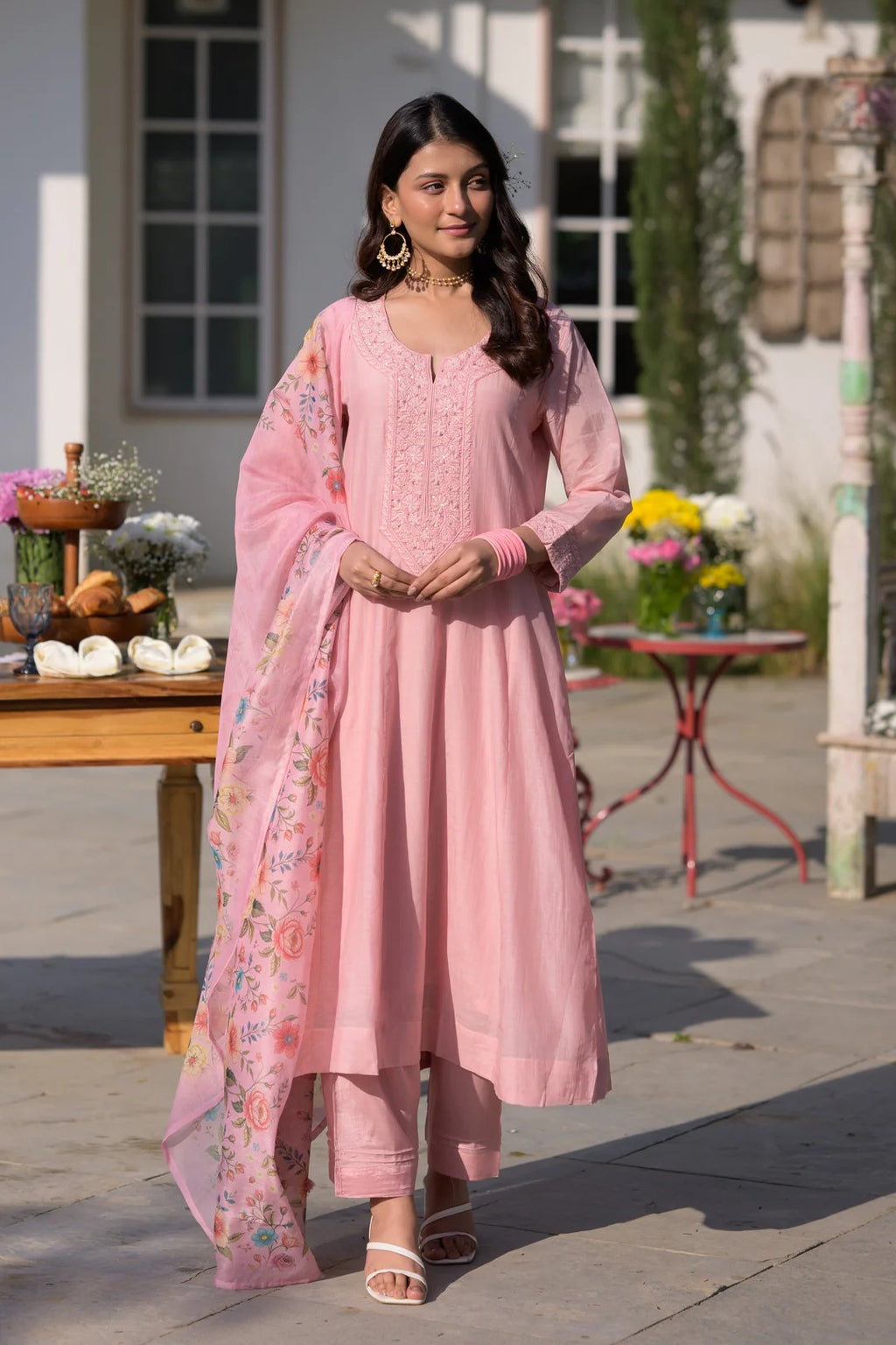 Blush Pink Chanderi Embroidery Kurta Set with Floral Organza Dupatta