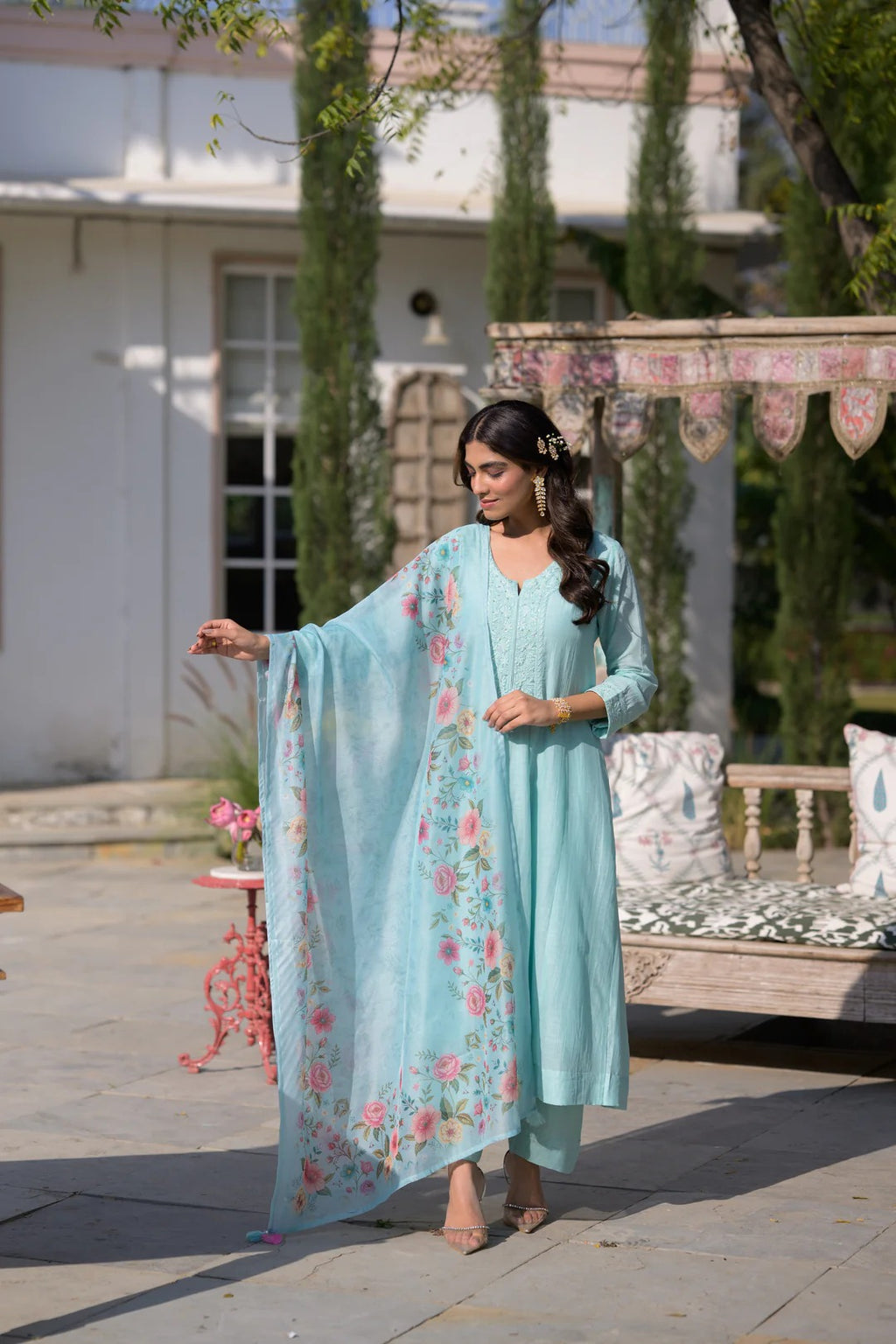 Elegant Sky Blue Chanderi Silk Embroidered Kurta Set with Floral Organza Dupatta