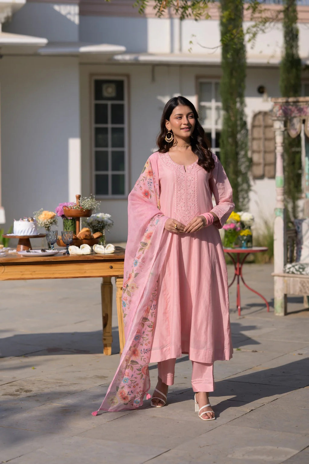 Blush Pink Chanderi Embroidery Kurta Set with Floral Organza Dupatta