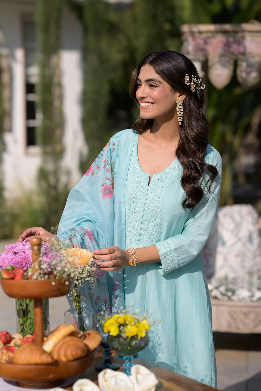Elegant Sky Blue Chanderi Silk Embroidered Kurta Set with Floral Organza Dupatta