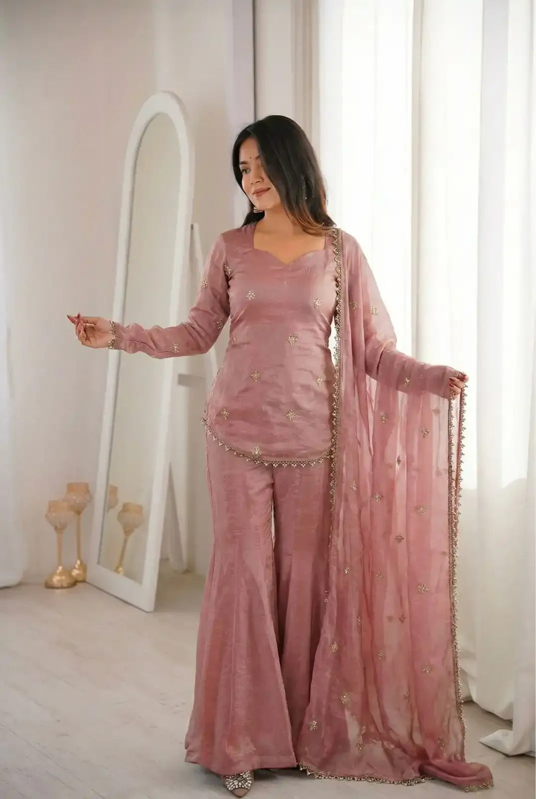 Elegant Rose Pink Fendy Silk Short Kurta with Sharara & Embroidered Dupatta Set