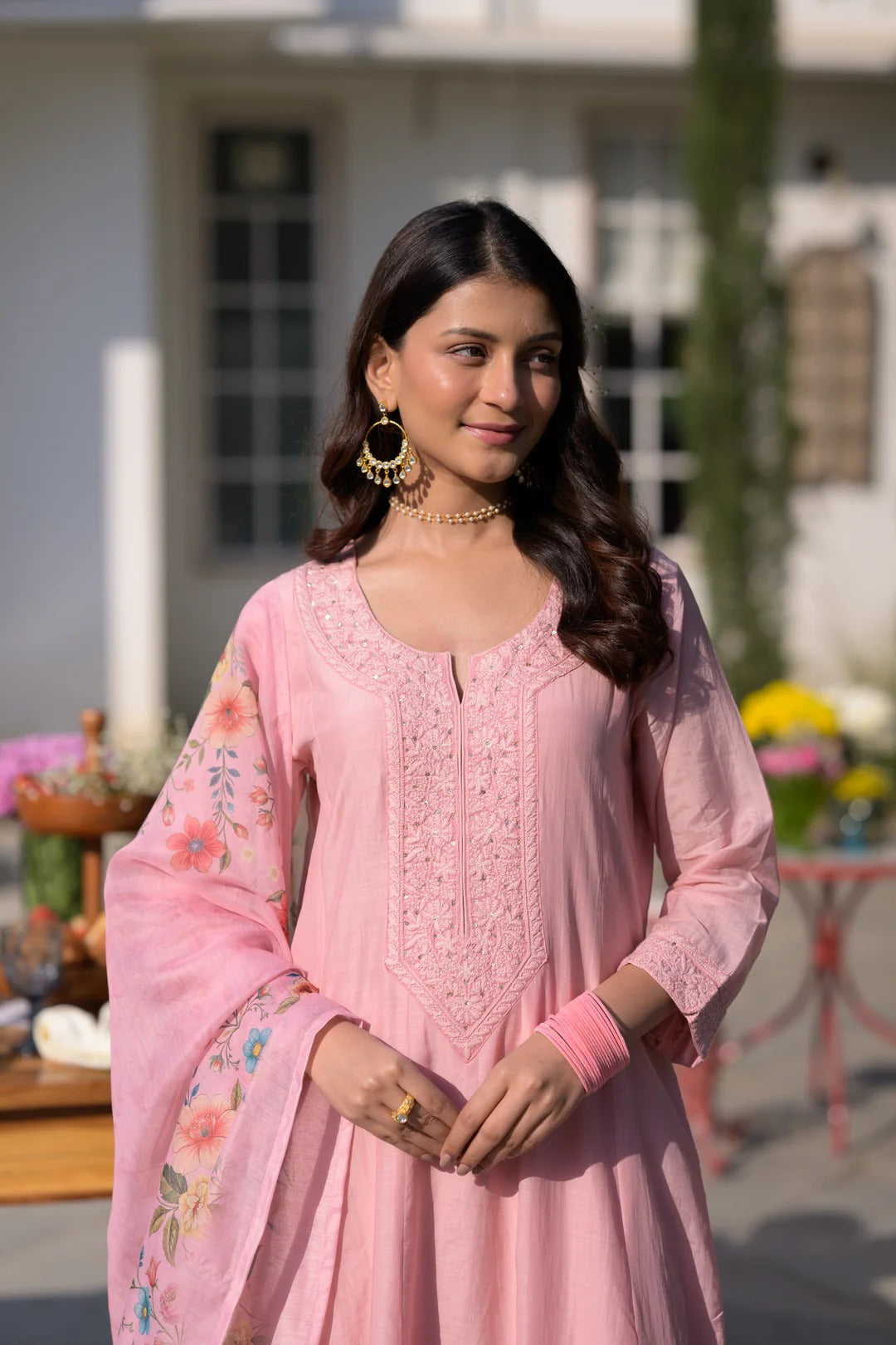 Blush Pink Chanderi Embroidery Kurta Set with Floral Organza Dupatta