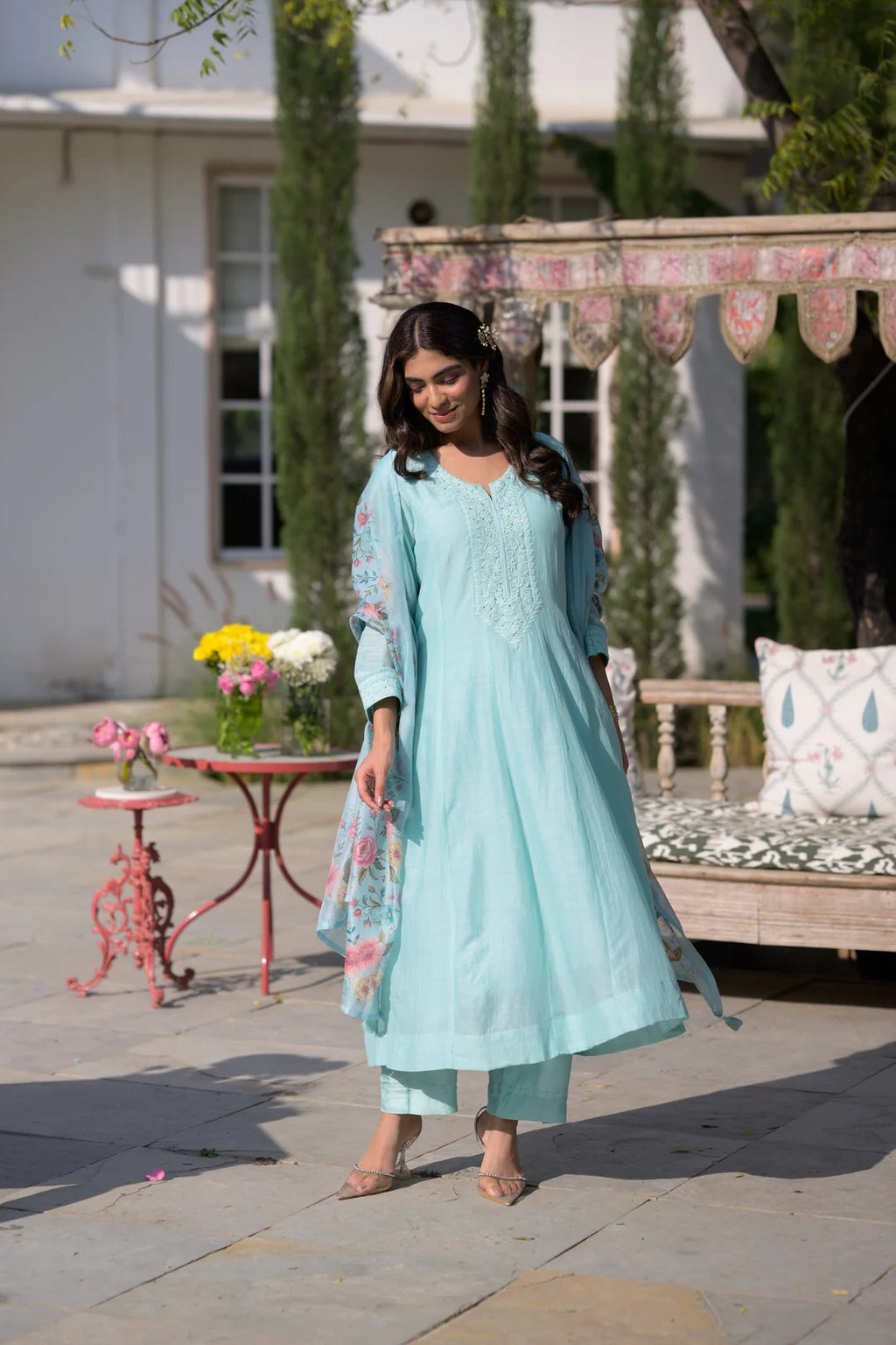 Elegant Sky Blue Chanderi Silk Embroidered Kurta Set with Floral Organza Dupatta
