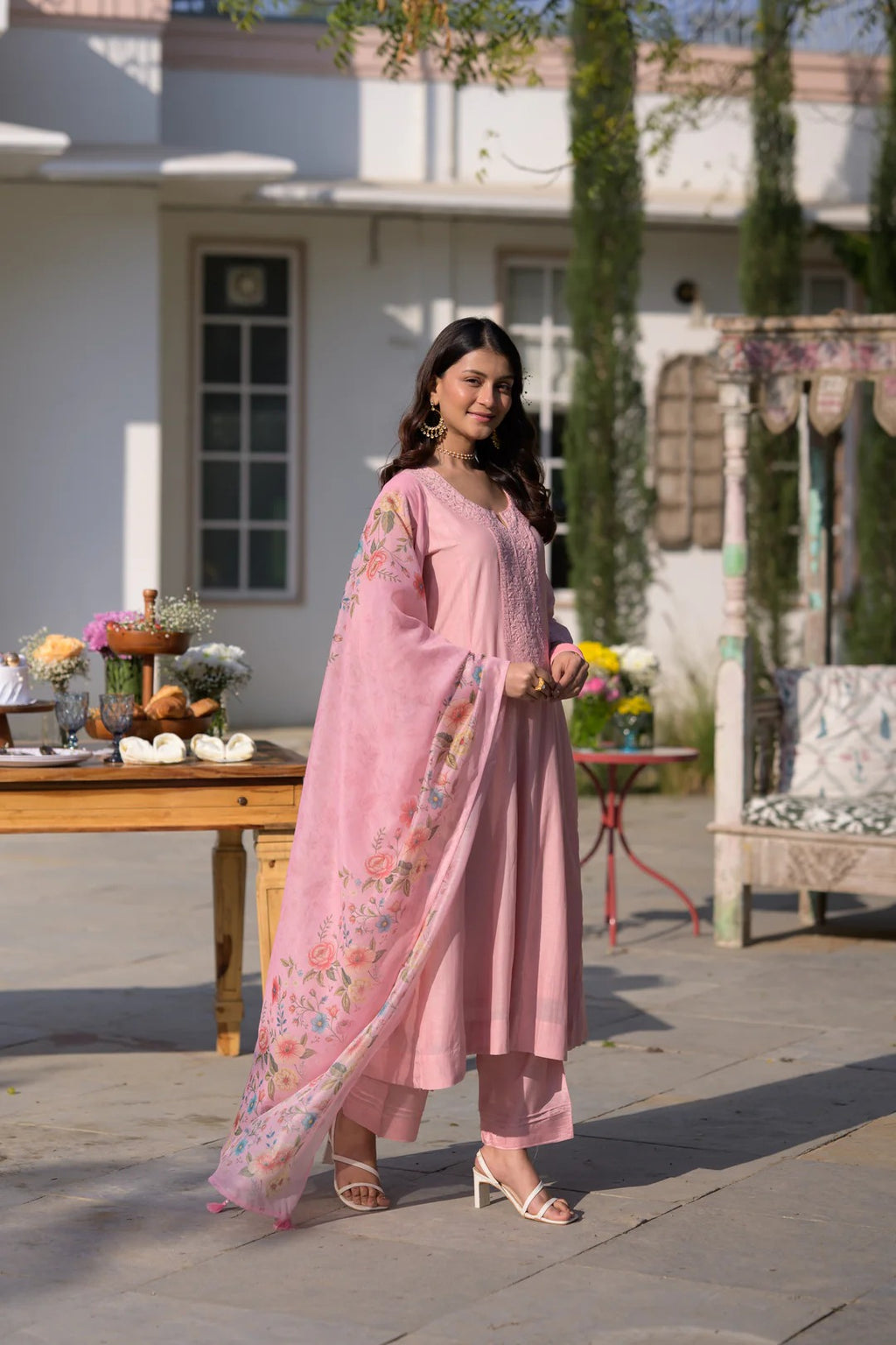 Blush Pink Chanderi Embroidery Kurta Set with Floral Organza Dupatta