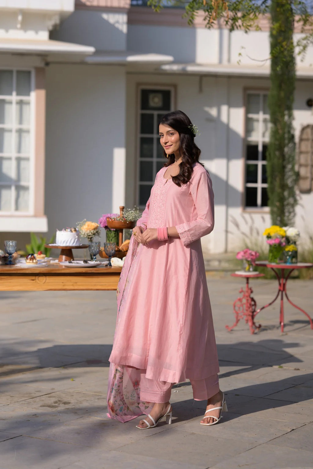 Blush Pink Chanderi Embroidery Kurta Set with Floral Organza Dupatta