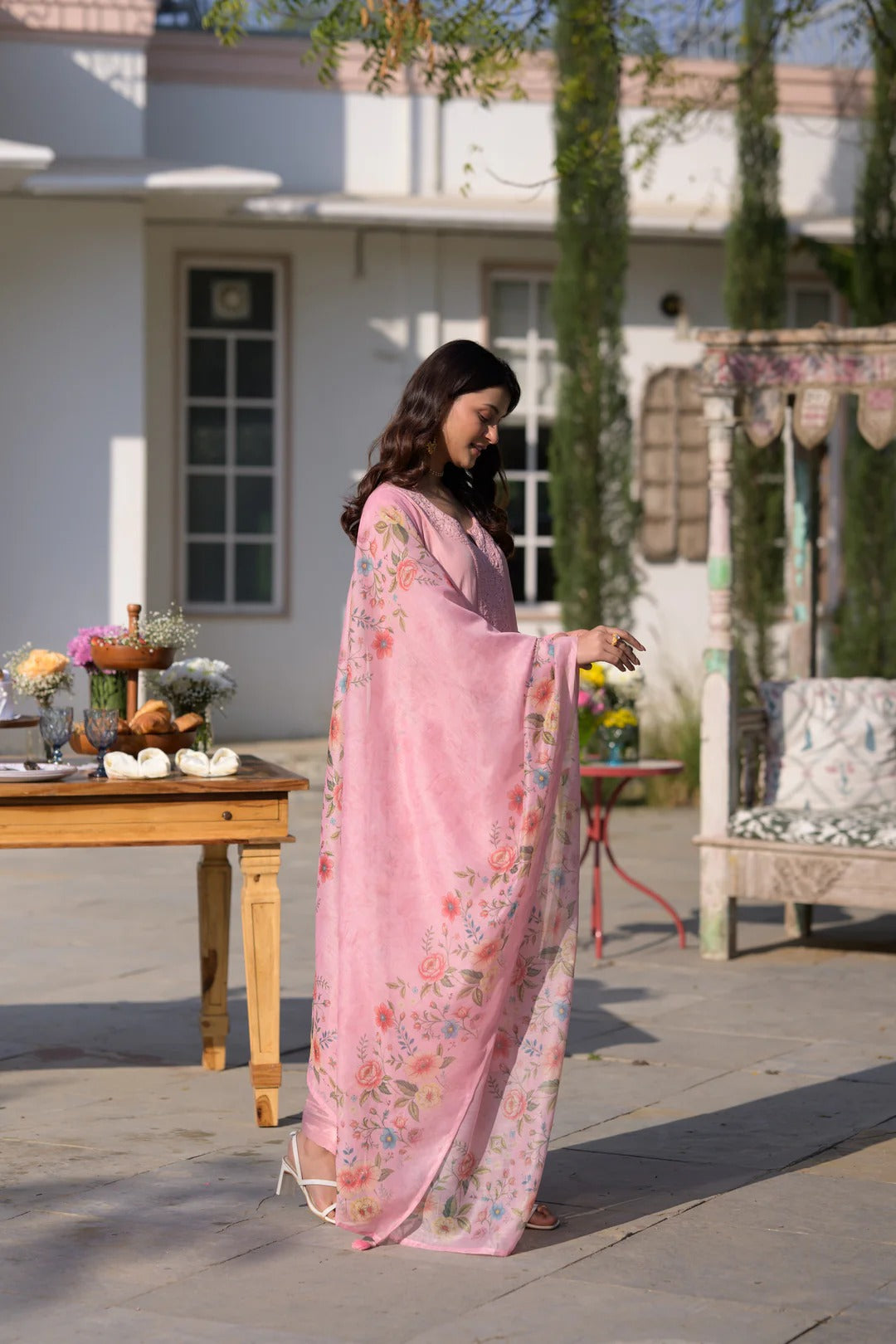 Blush Pink Chanderi Embroidery Kurta Set with Floral Organza Dupatta