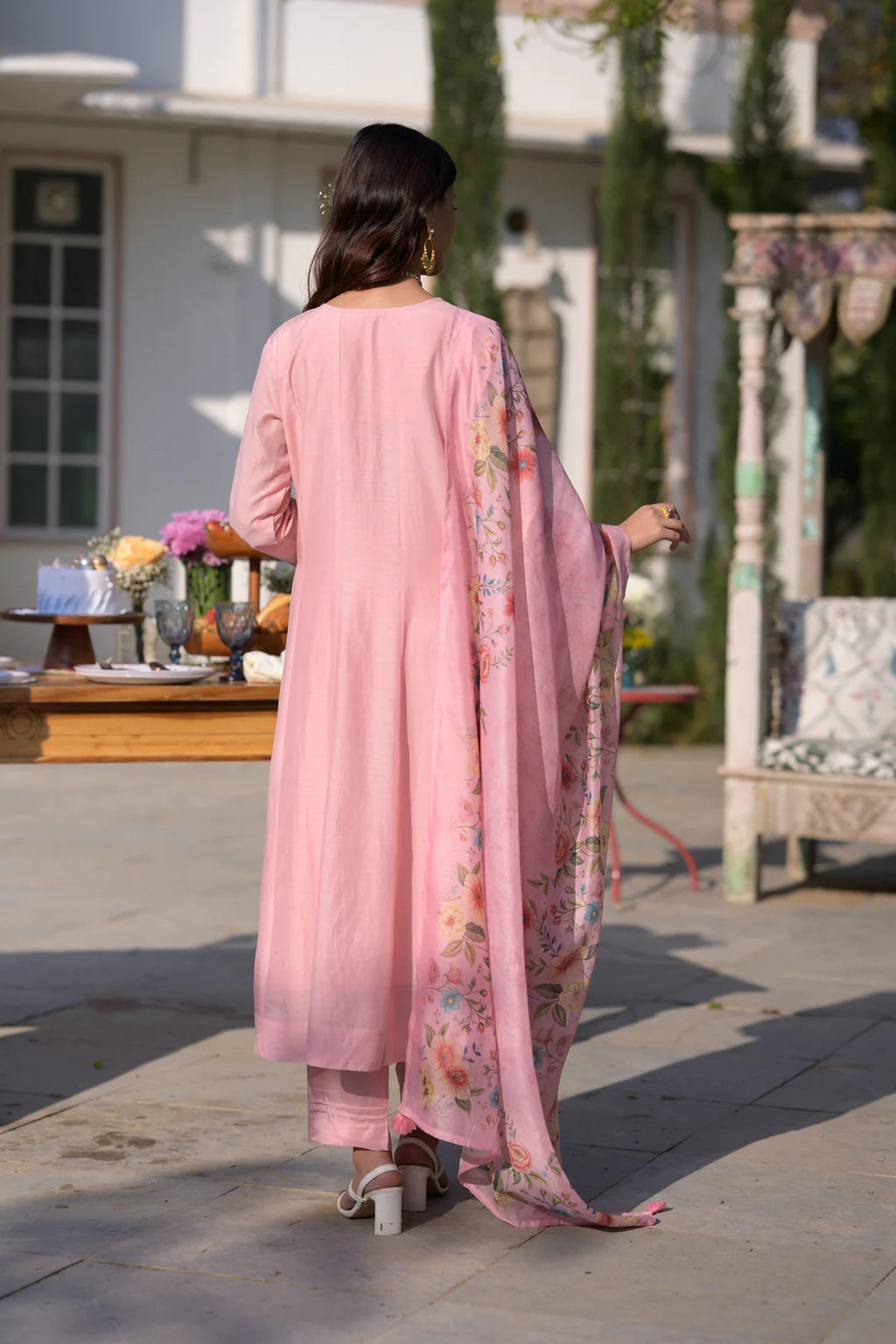 Blush Pink Chanderi Embroidery Kurta Set with Floral Organza Dupatta