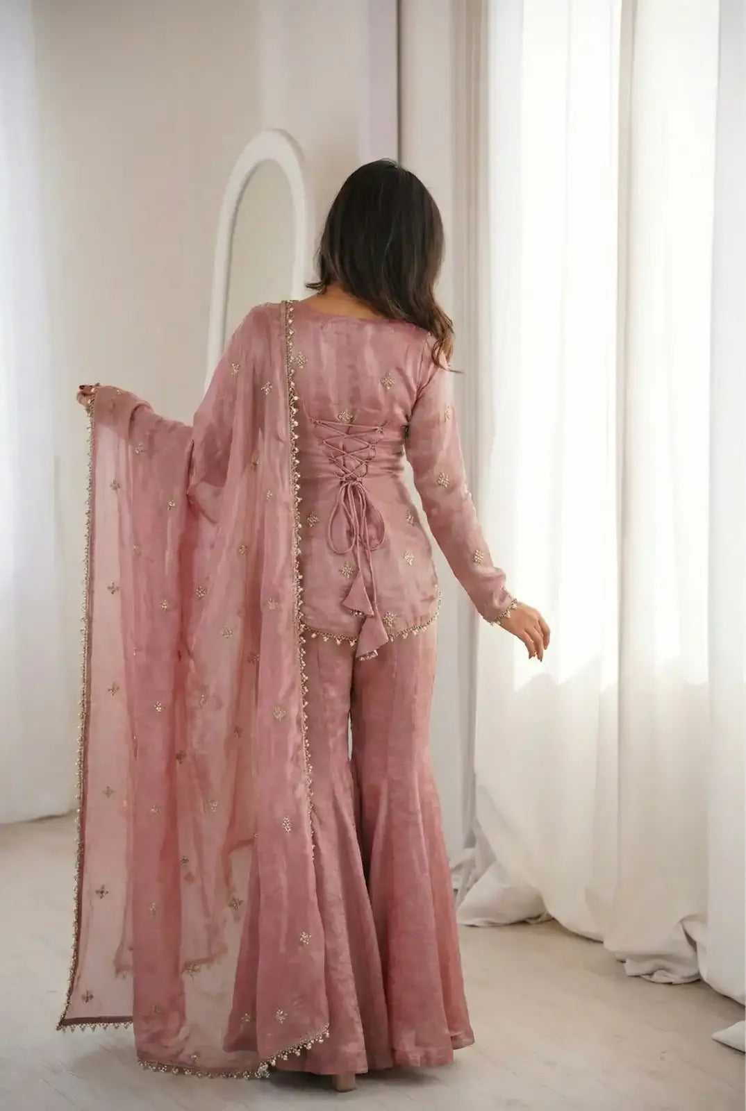 Elegant Rose Pink Fendy Silk Short Kurta with Sharara & Embroidered Dupatta Set