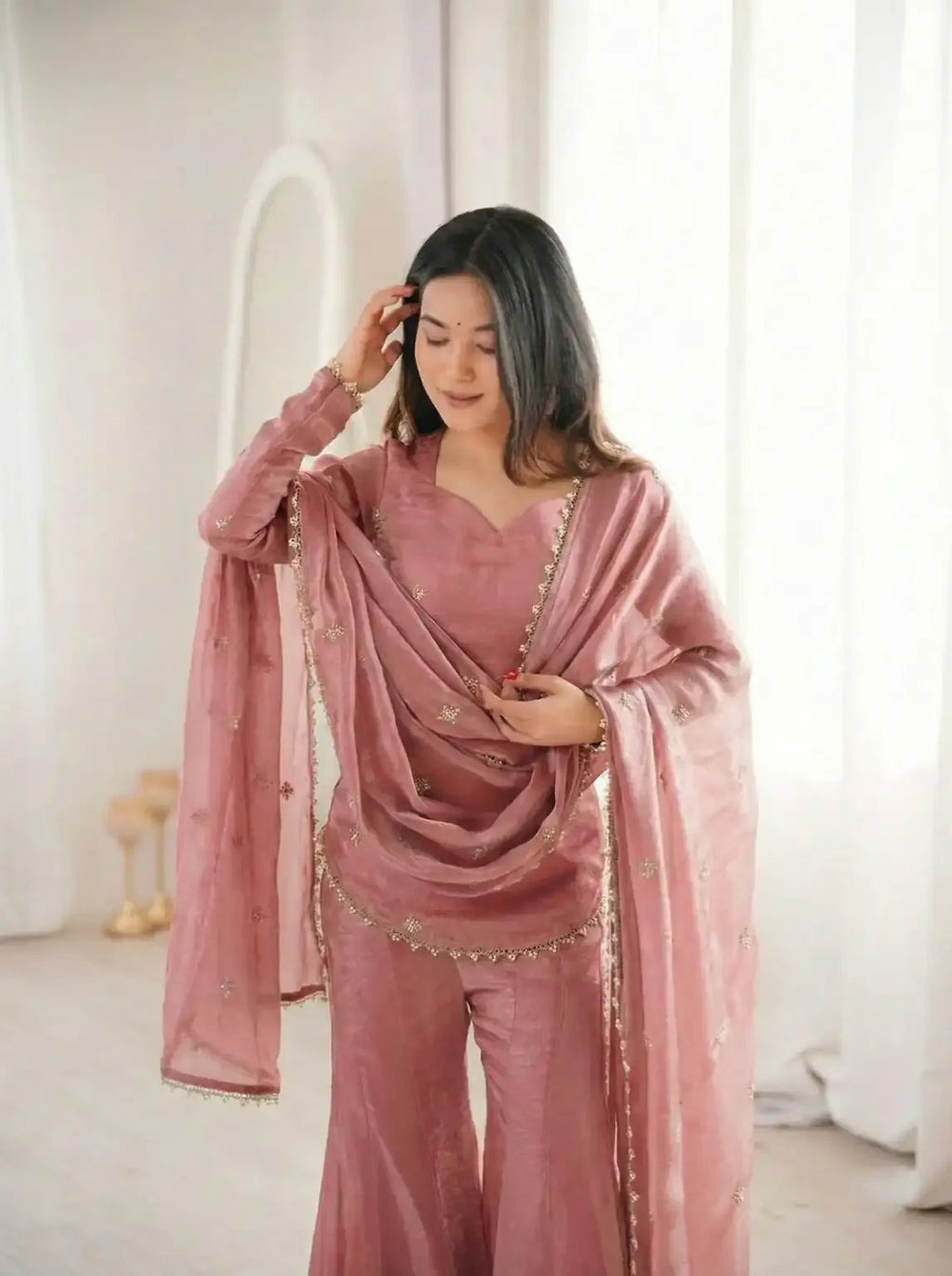 Elegant Rose Pink Fendy Silk Short Kurta with Sharara & Embroidered Dupatta Set