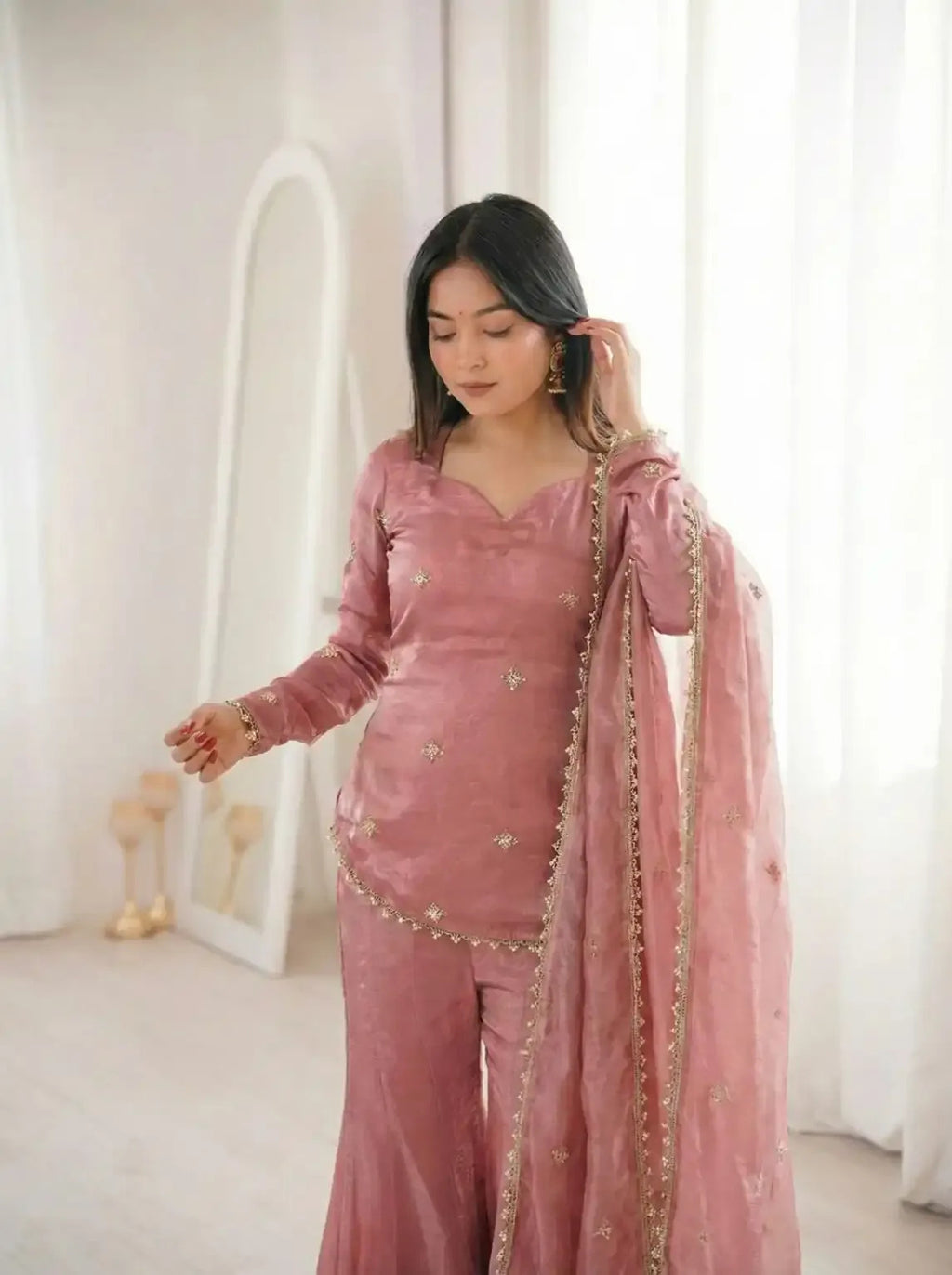 Elegant Rose Pink Fendy Silk Short Kurta with Sharara & Embroidered Dupatta Set