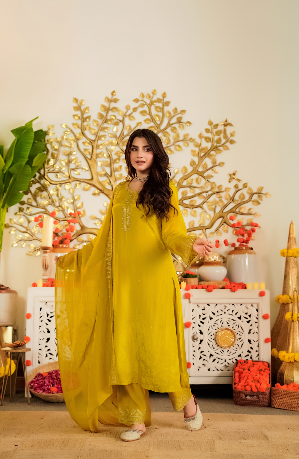 Luminous Mustard Viscose Satin Kurta Set with Delicate Zari Embroidery & Tonal Organza Dupatta