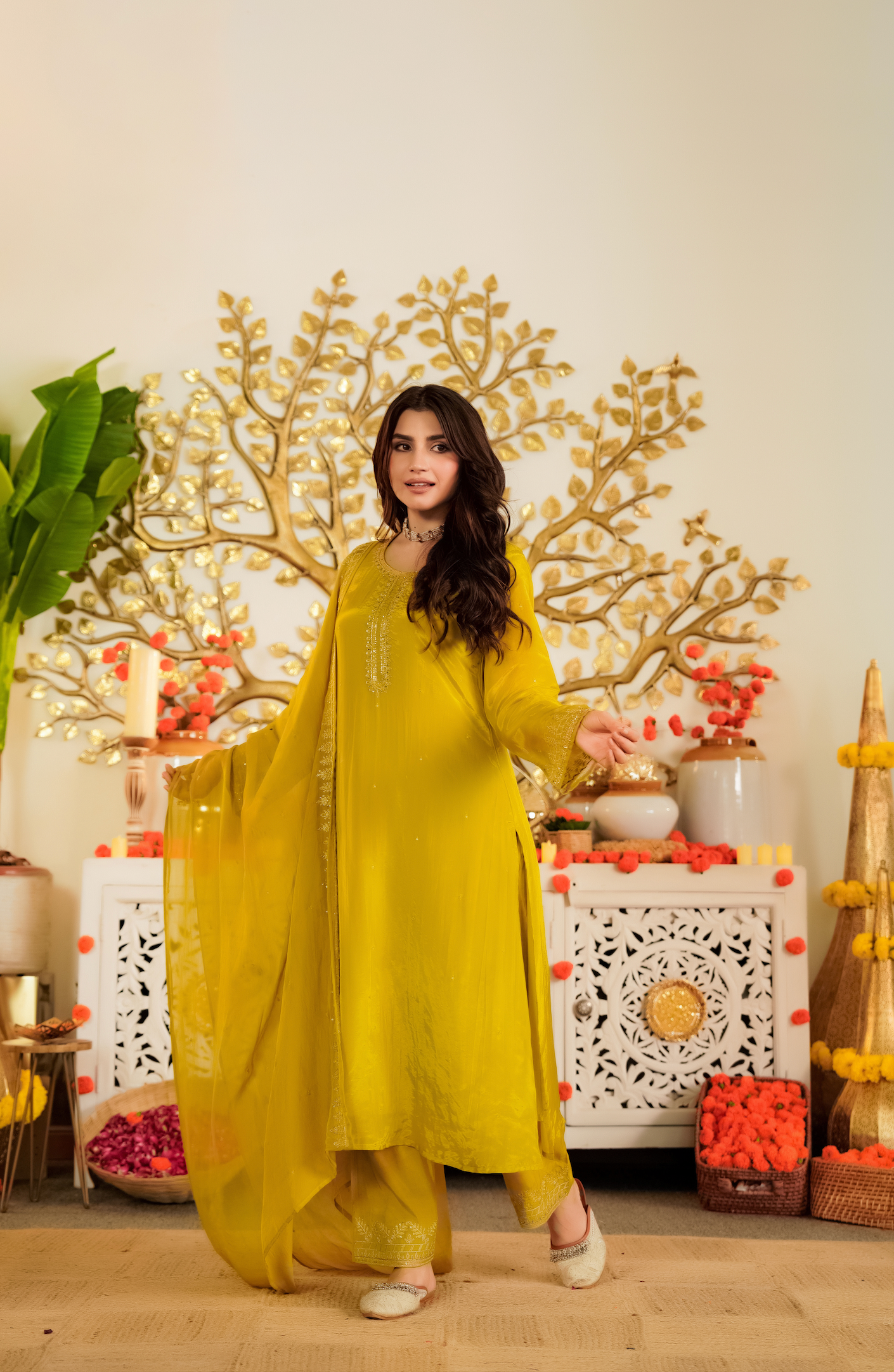 Luminous Mustard Viscose Satin Kurta Set with Delicate Zari Embroidery & Tonal Organza Dupatta