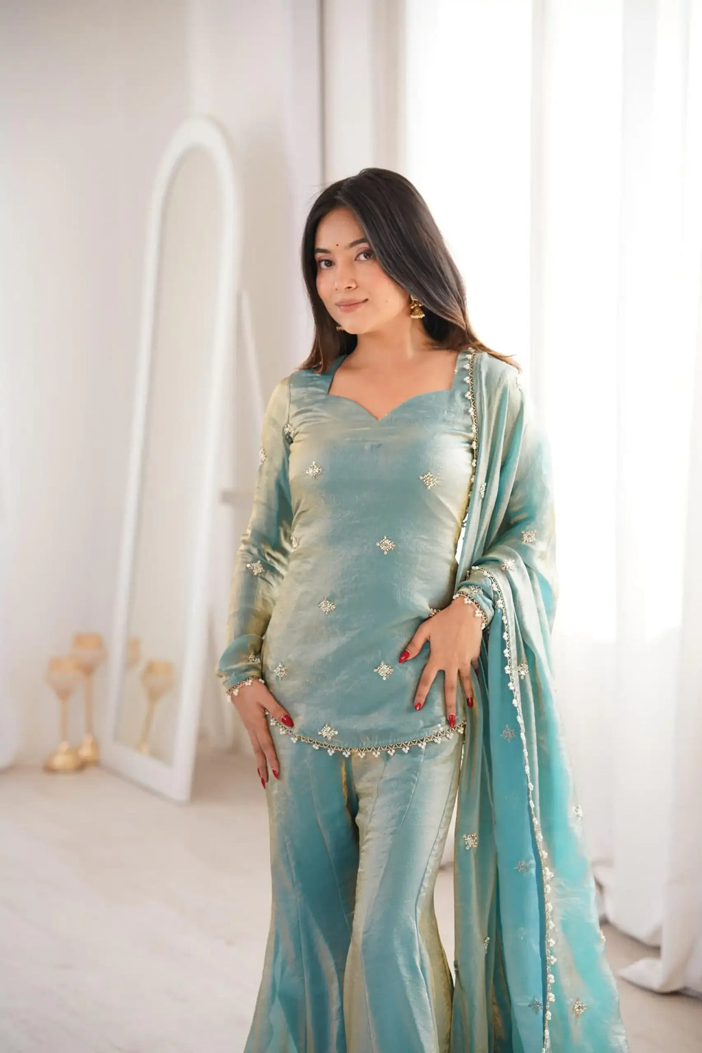 Pista Green Fendy Silk Short Kurti with Sharara & Dupatta – Elegant Festive Wear Set