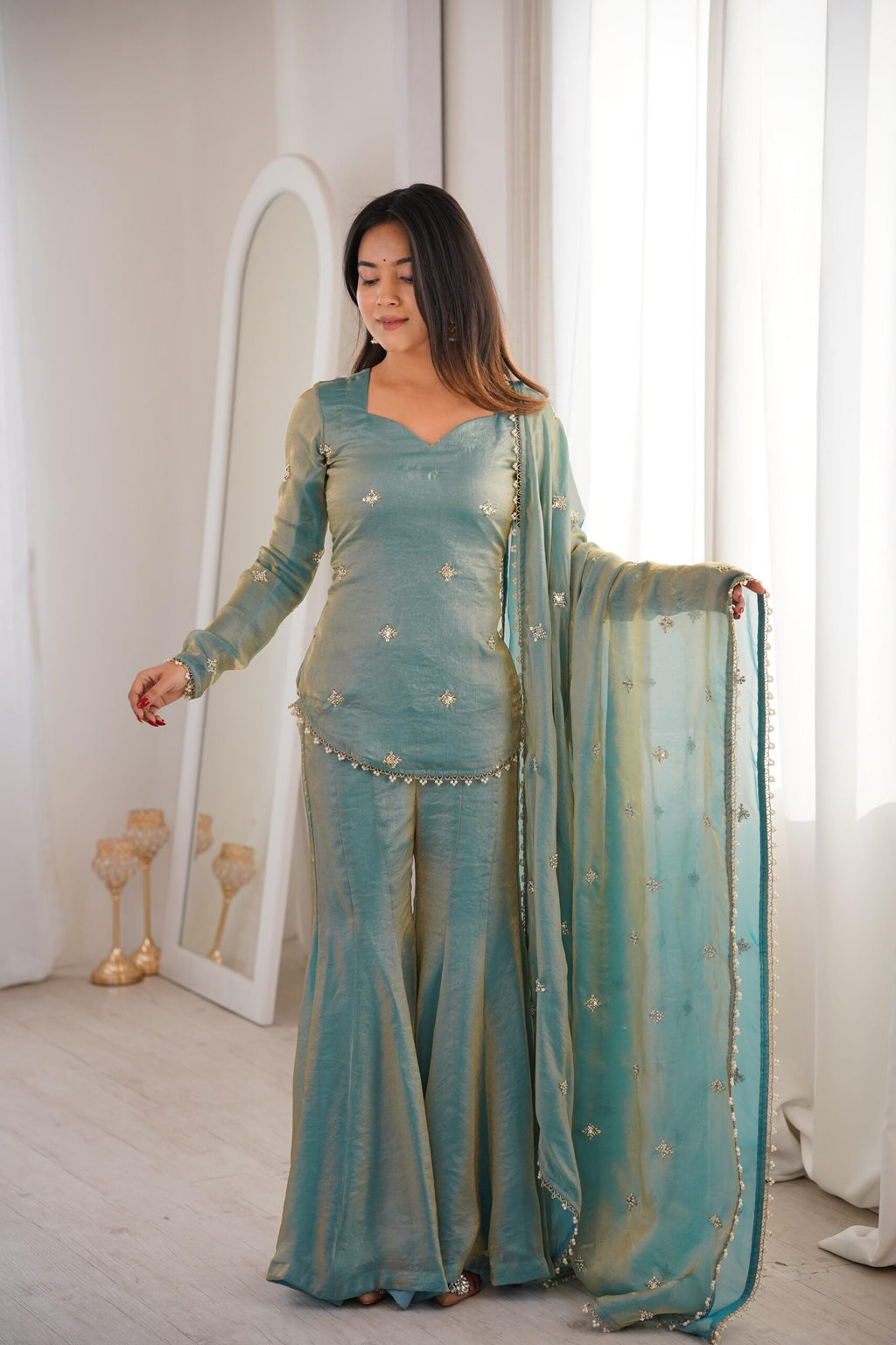 Pista Green Fendy Silk Short Kurti with Sharara & Dupatta – Elegant Festive Wear Set