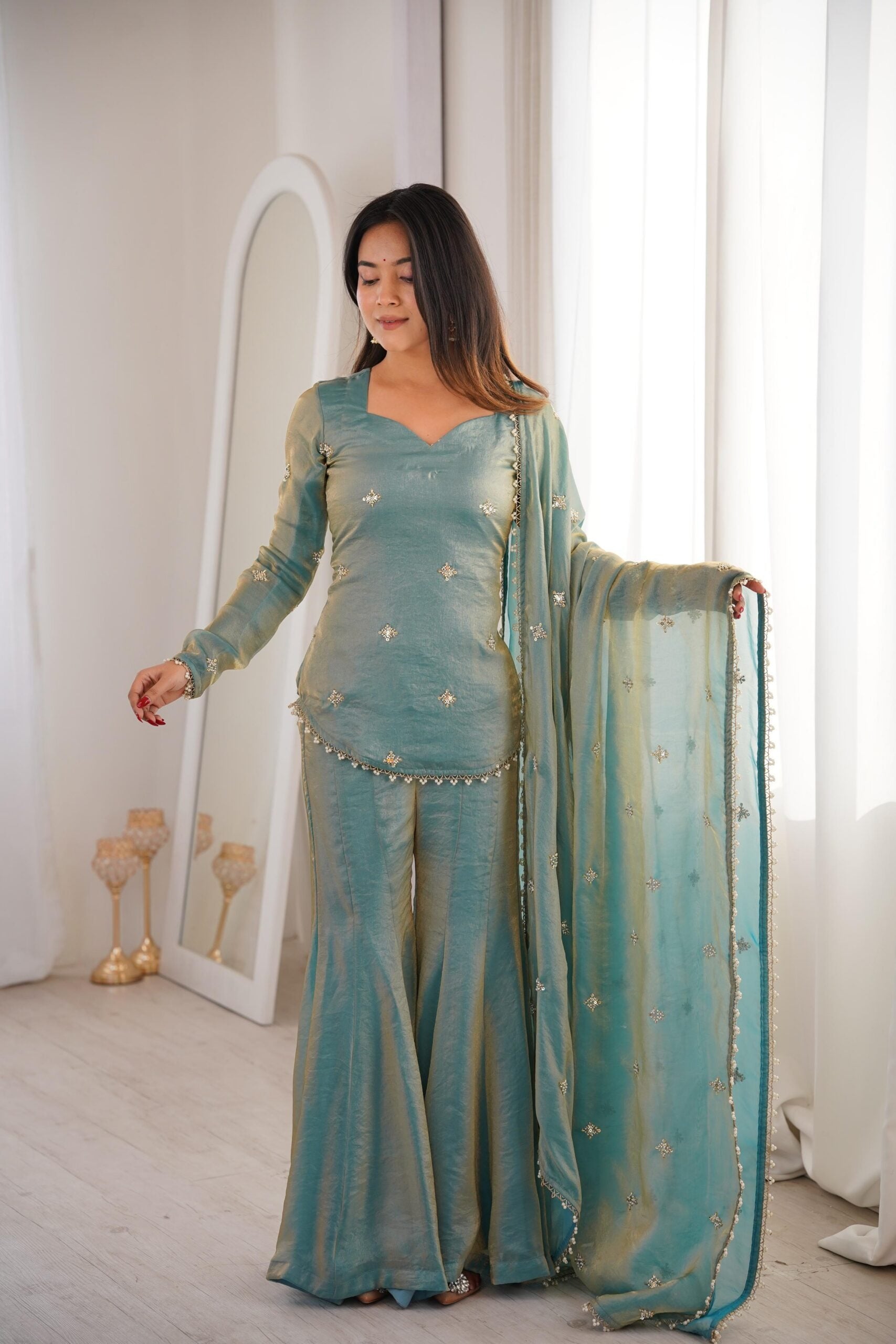 Pista Green Fendy Silk Short Kurti with Sharara & Dupatta – Elegant Festive Wear Set
