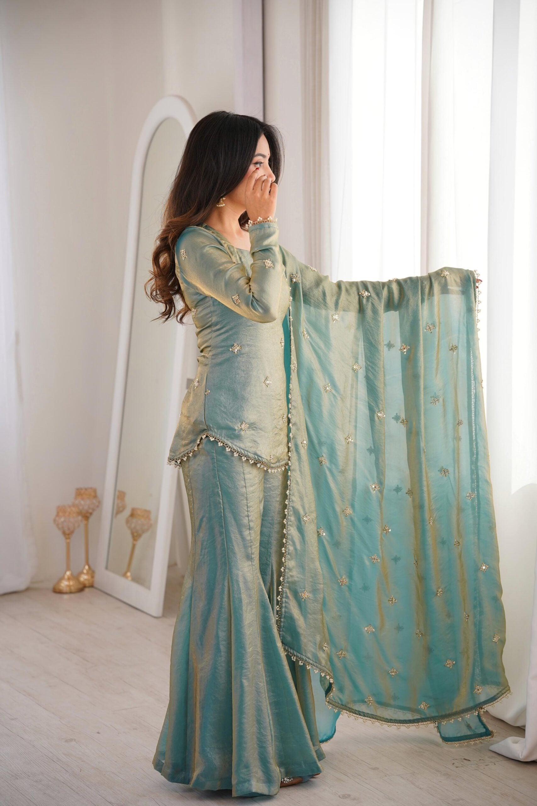 Pista Green Fendy Silk Short Kurti with Sharara & Dupatta – Elegant Festive Wear Set