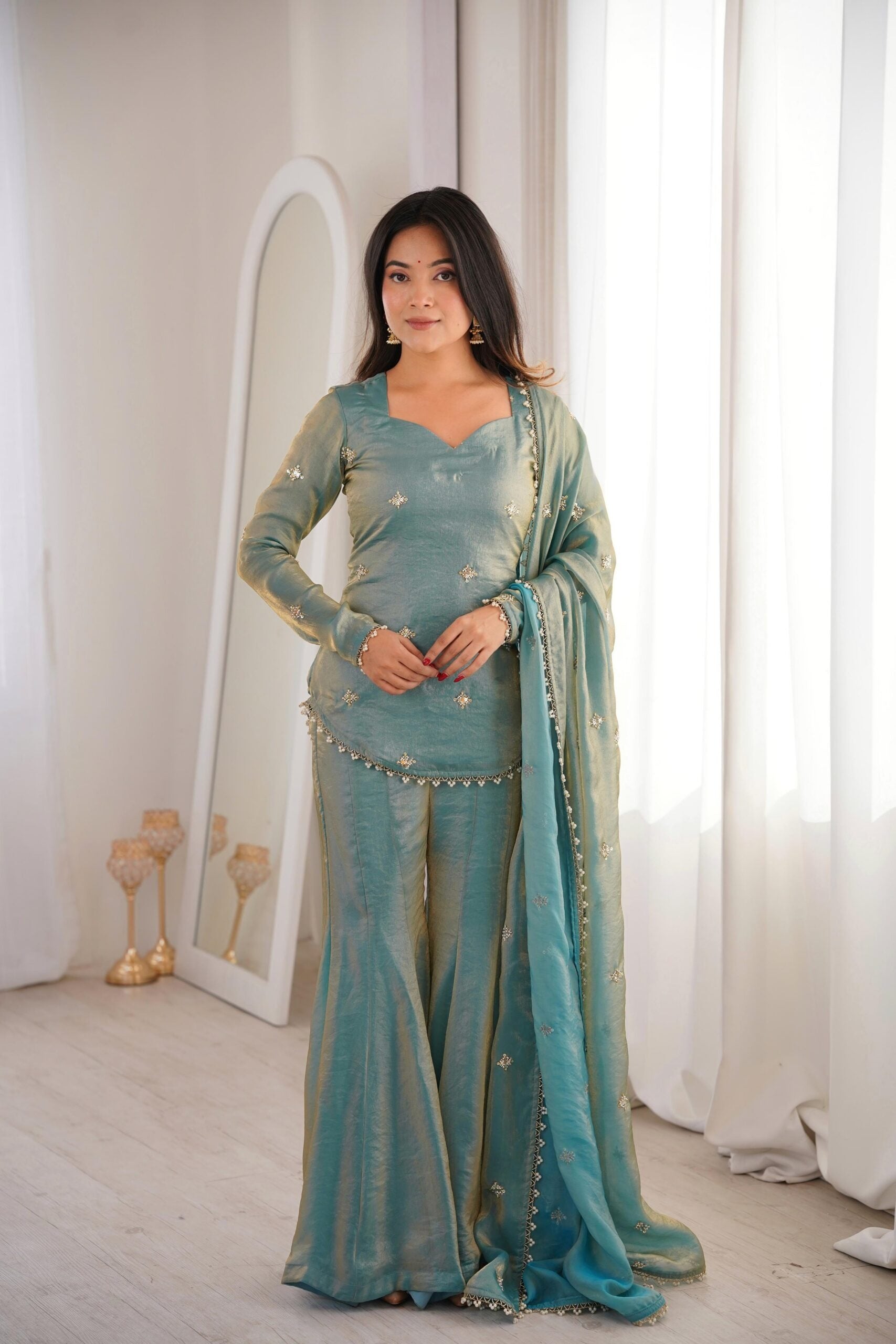 Pista Green Fendy Silk Short Kurti with Sharara & Dupatta – Elegant Festive Wear Set