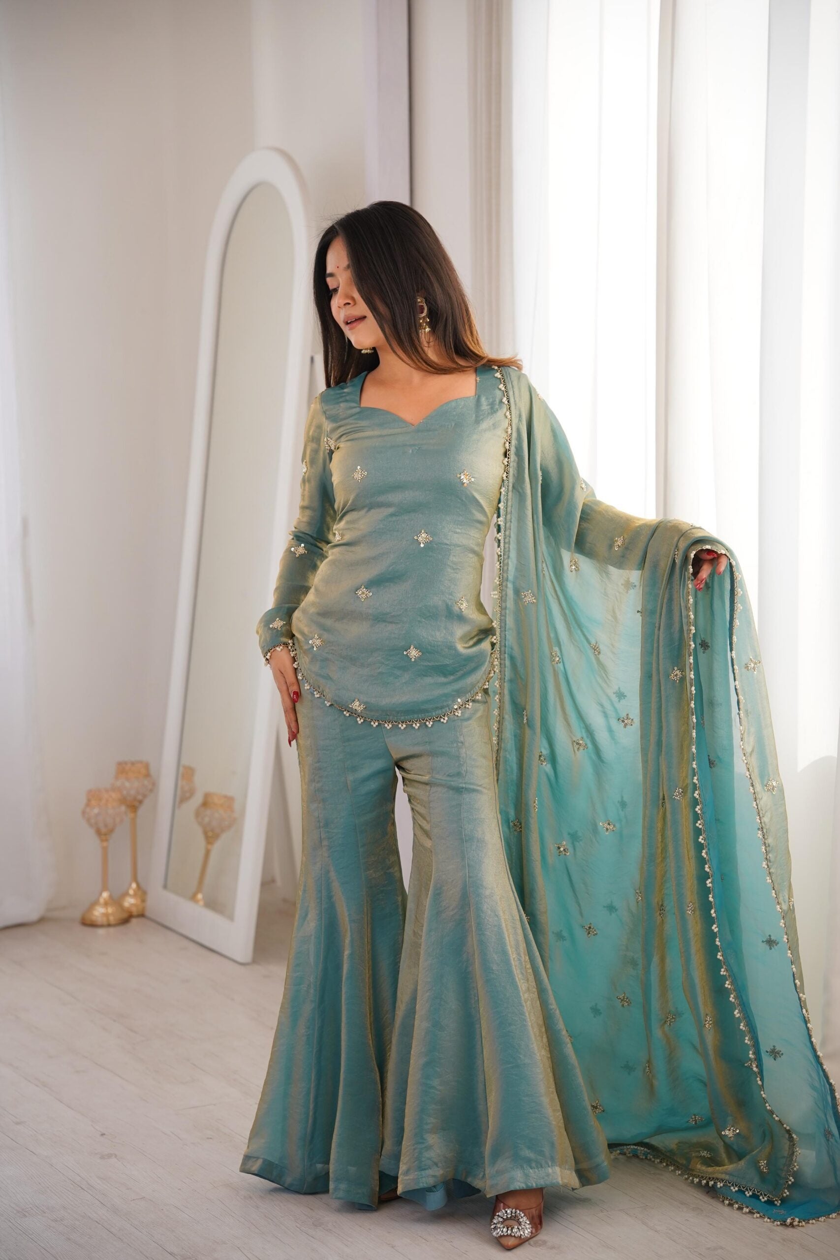 Pista Green Fendy Silk Short Kurti with Sharara & Dupatta – Elegant Festive Wear Set