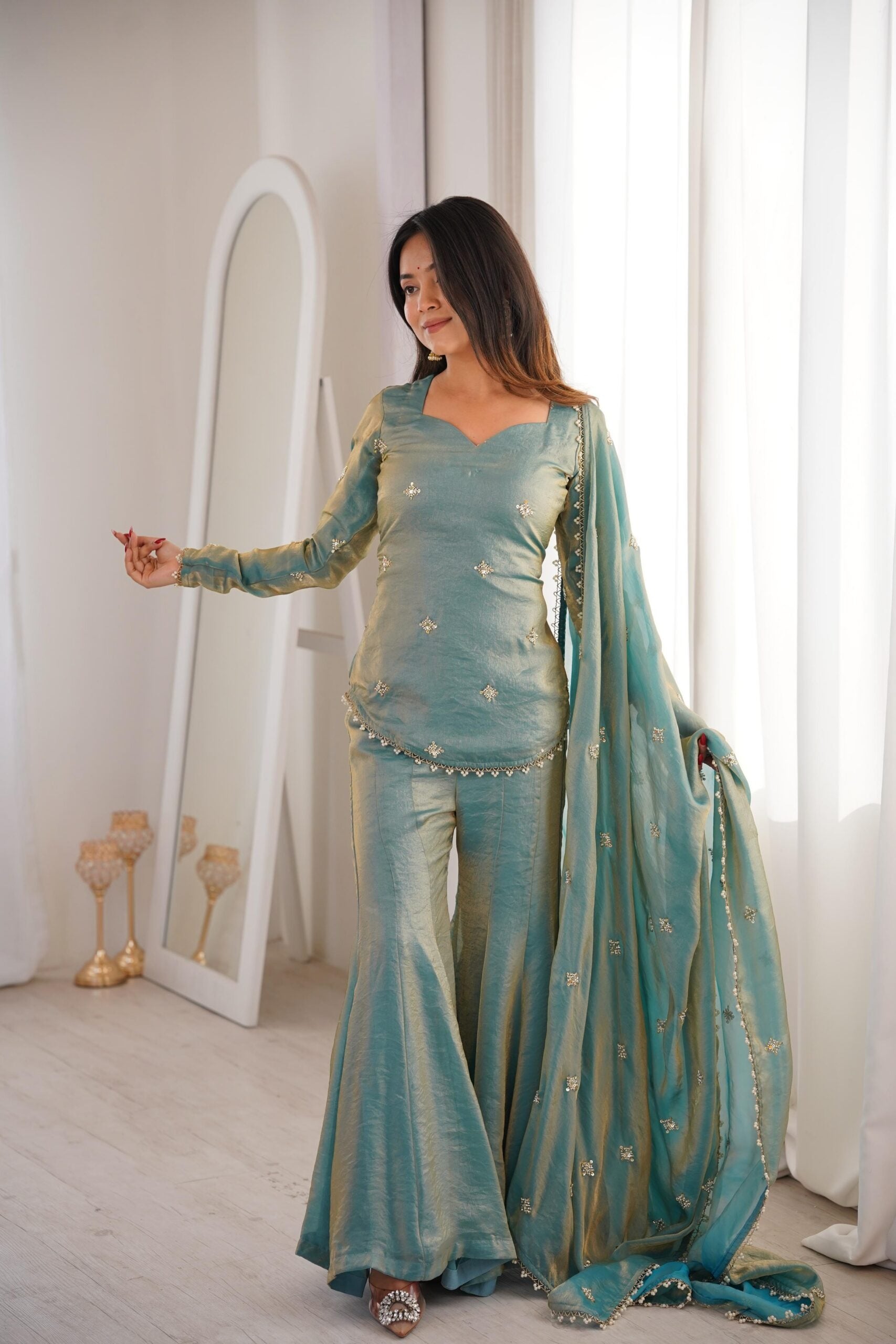 Pista Green Fendy Silk Short Kurti with Sharara & Dupatta – Elegant Festive Wear Set