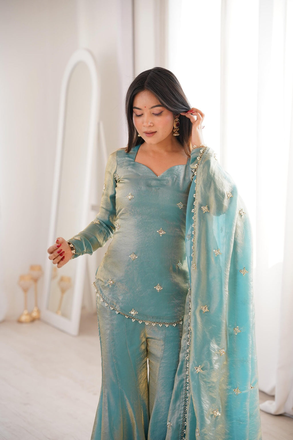 Pista Green Fendy Silk Short Kurti with Sharara & Dupatta – Elegant Festive Wear Set