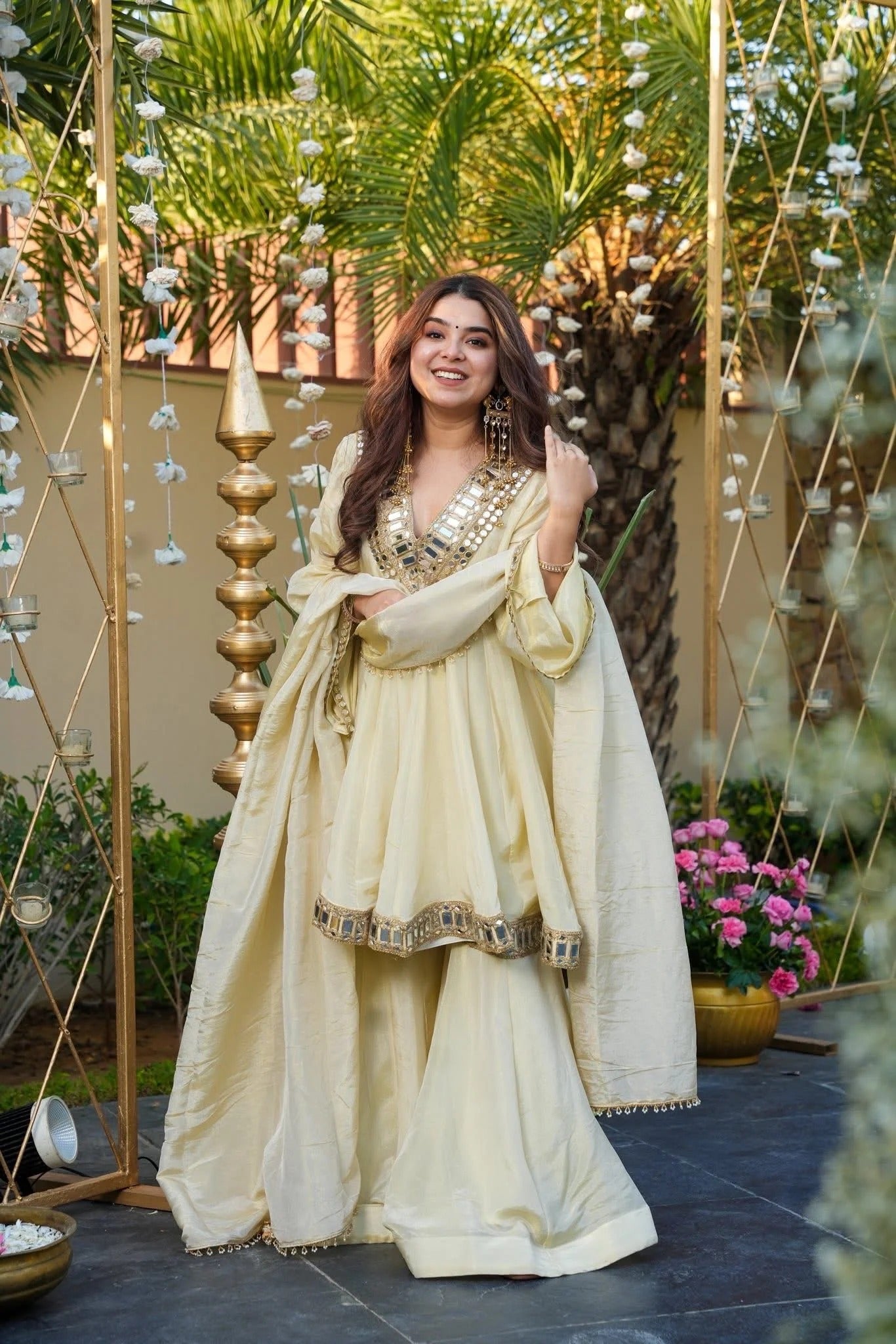 Elegant Cream Mirror Work Vichitra Silk Anarkali Kurta Set with Dupatta – Festive & Wedding Wear
