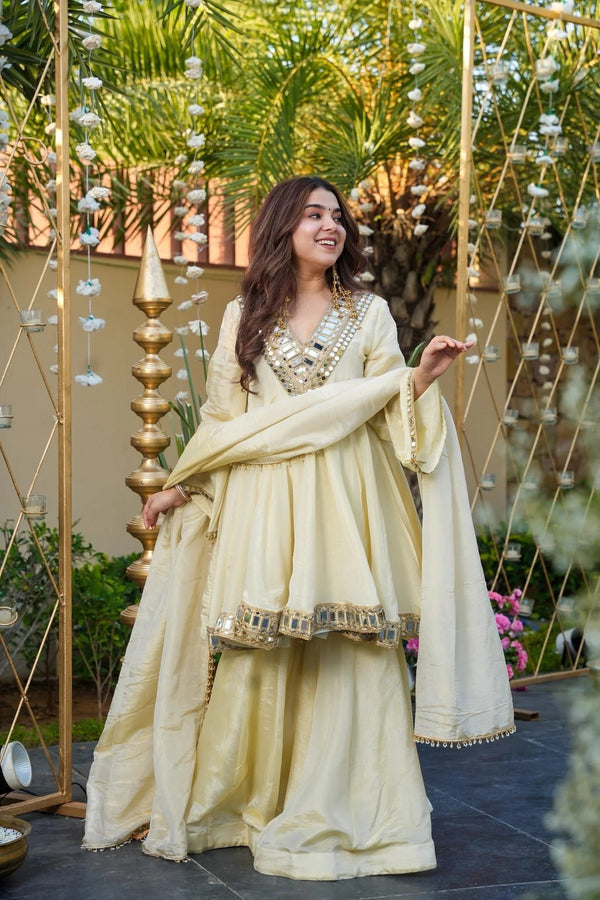 Elegant Cream Mirror Work Vichitra Silk Anarkali Kurta Set with Dupatta – Festive & Wedding Wear