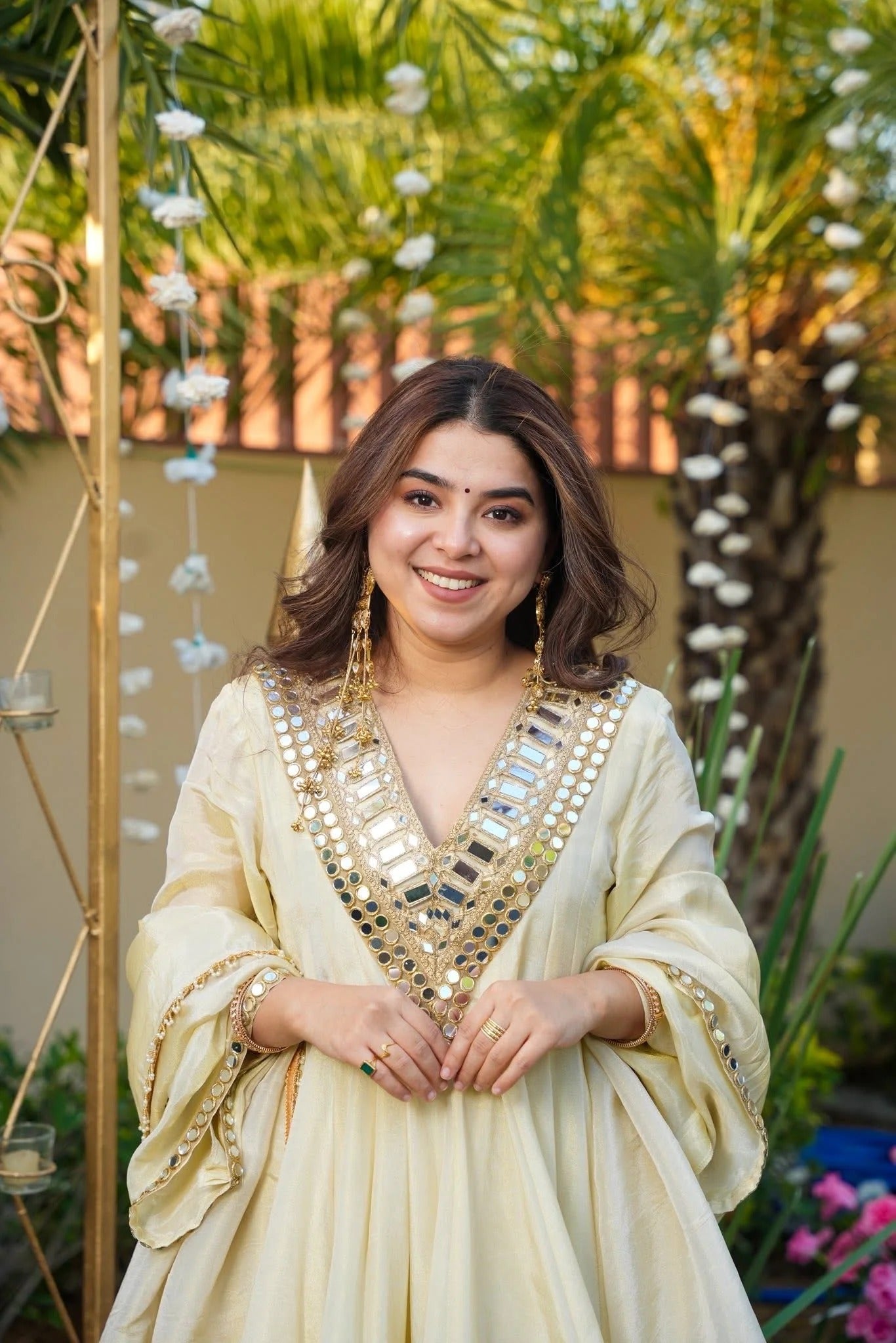 Elegant Cream Mirror Work Vichitra Silk Anarkali Kurta Set with Dupatta – Festive & Wedding Wear