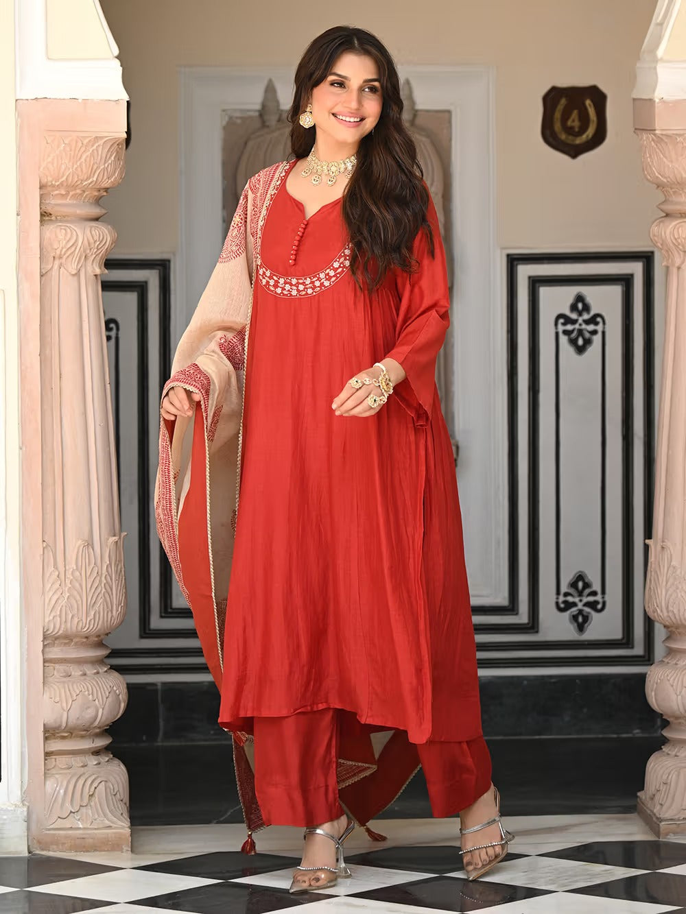 Premium Orange Viscose Chanderi Embroidered Kurta Set with Printed Dupatta