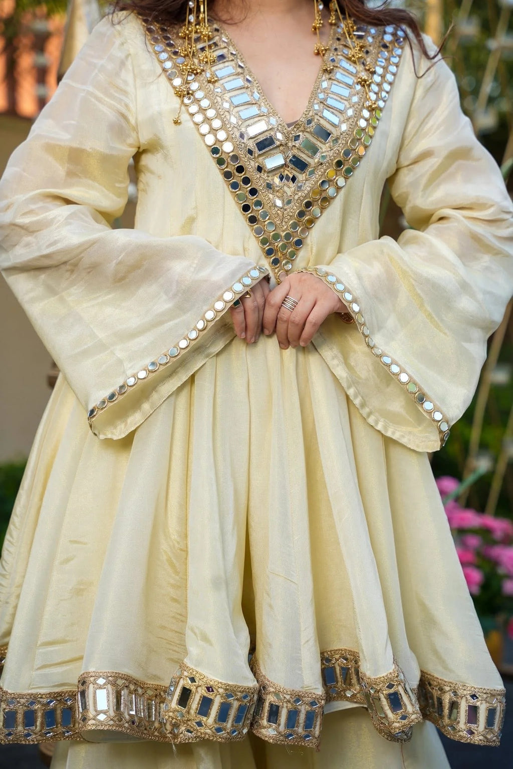 Elegant Cream Mirror Work Vichitra Silk Anarkali Kurta Set with Dupatta – Festive & Wedding Wear