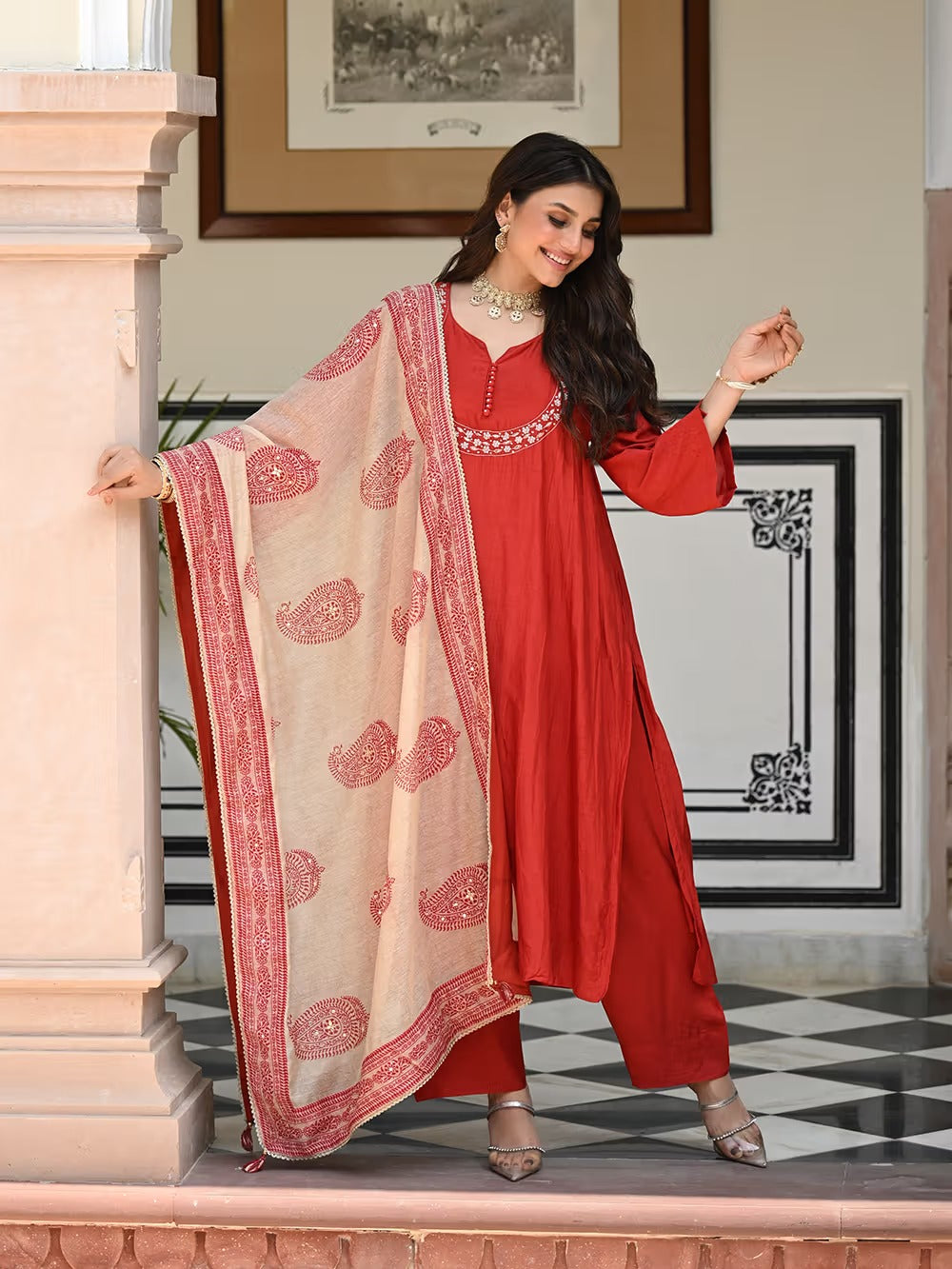 Premium Orange Viscose Chanderi Embroidered Kurta Set with Printed Dupatta