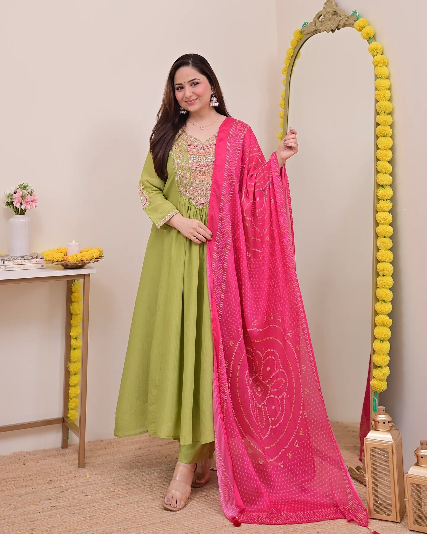Lime Green Silk Chinon Embroidered Anarkali Kurta Set with Bandhani Print Dupatta