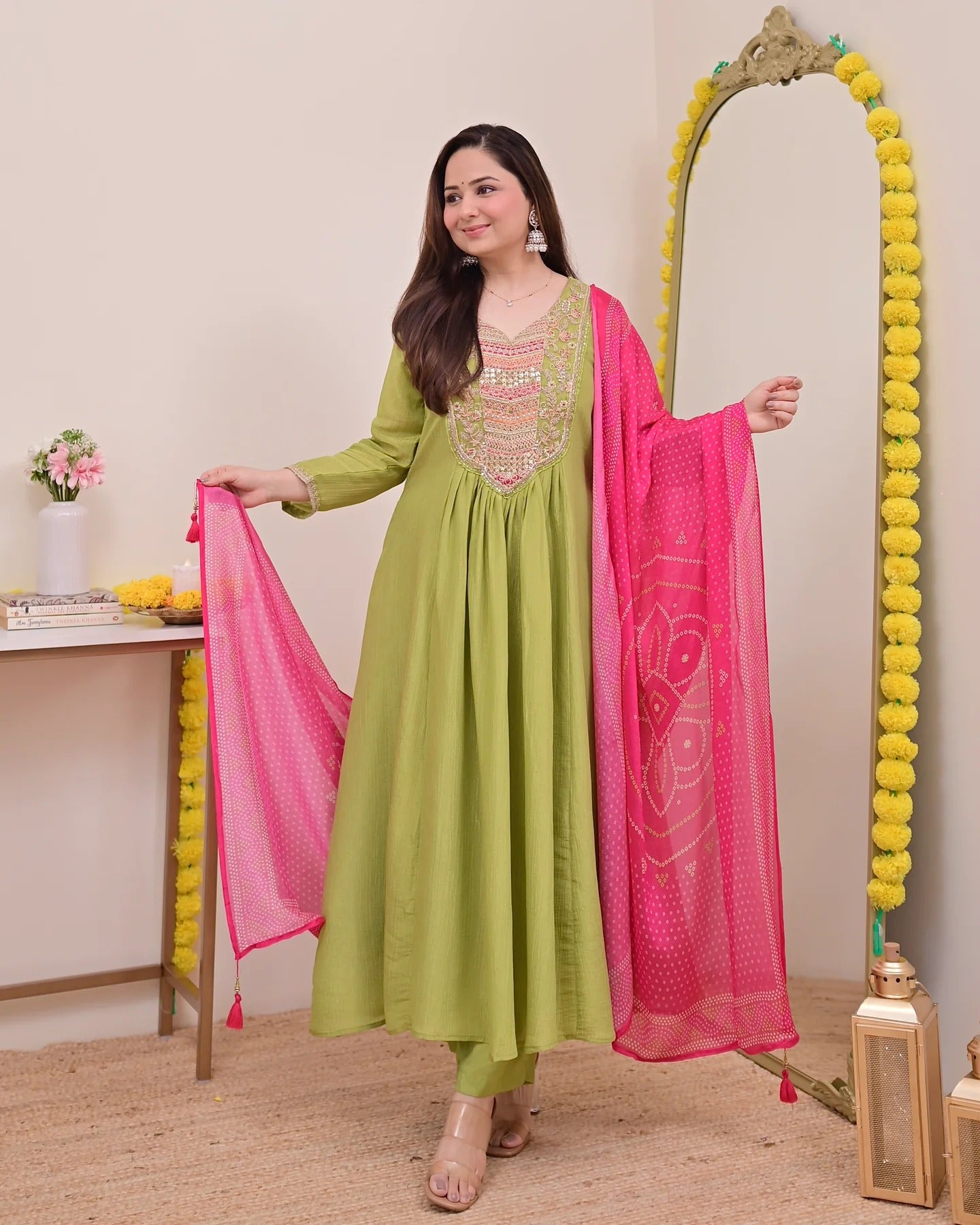 Lime Green Silk Chinon Embroidered Anarkali Kurta Set with Bandhani Print Dupatta