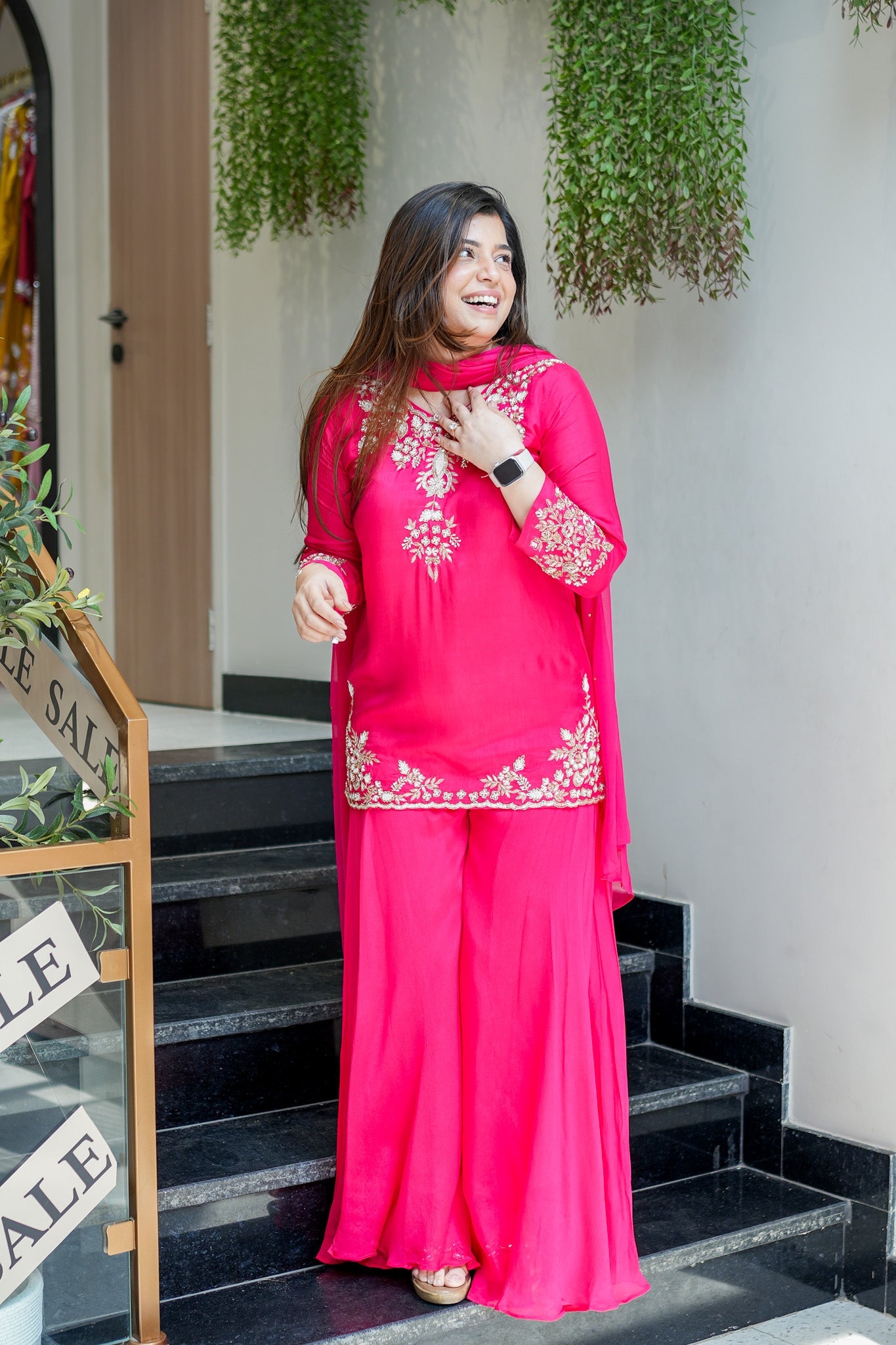 Vibrant Rani Pink Natural Crepe Kurta Set with Opulent Gold Zari Embroidery & Sharara Bottoms