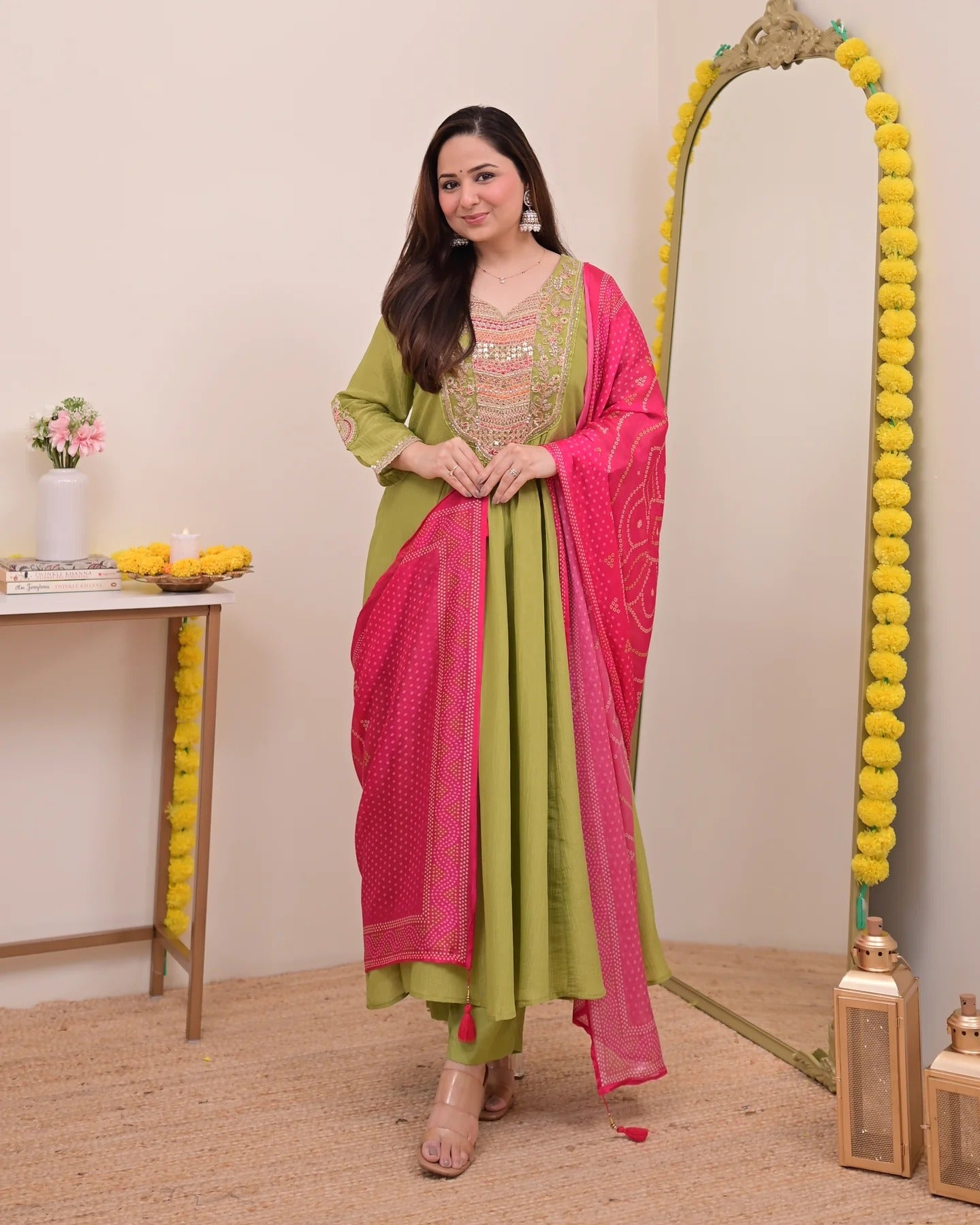 Lime Green Silk Chinon Embroidered Anarkali Kurta Set with Bandhani Print Dupatta