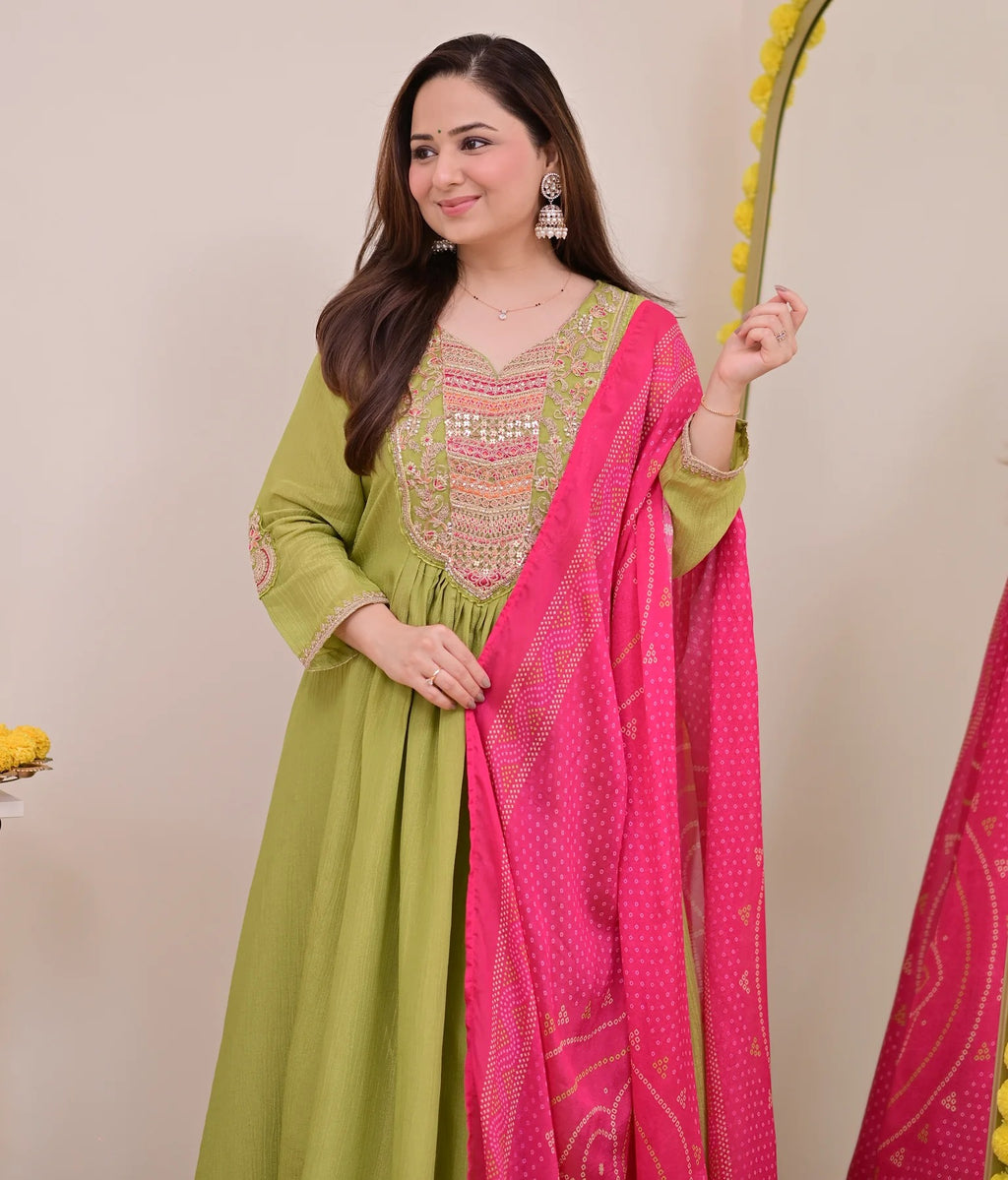 Lime Green Silk Chinon Embroidered Anarkali Kurta Set with Bandhani Print Dupatta