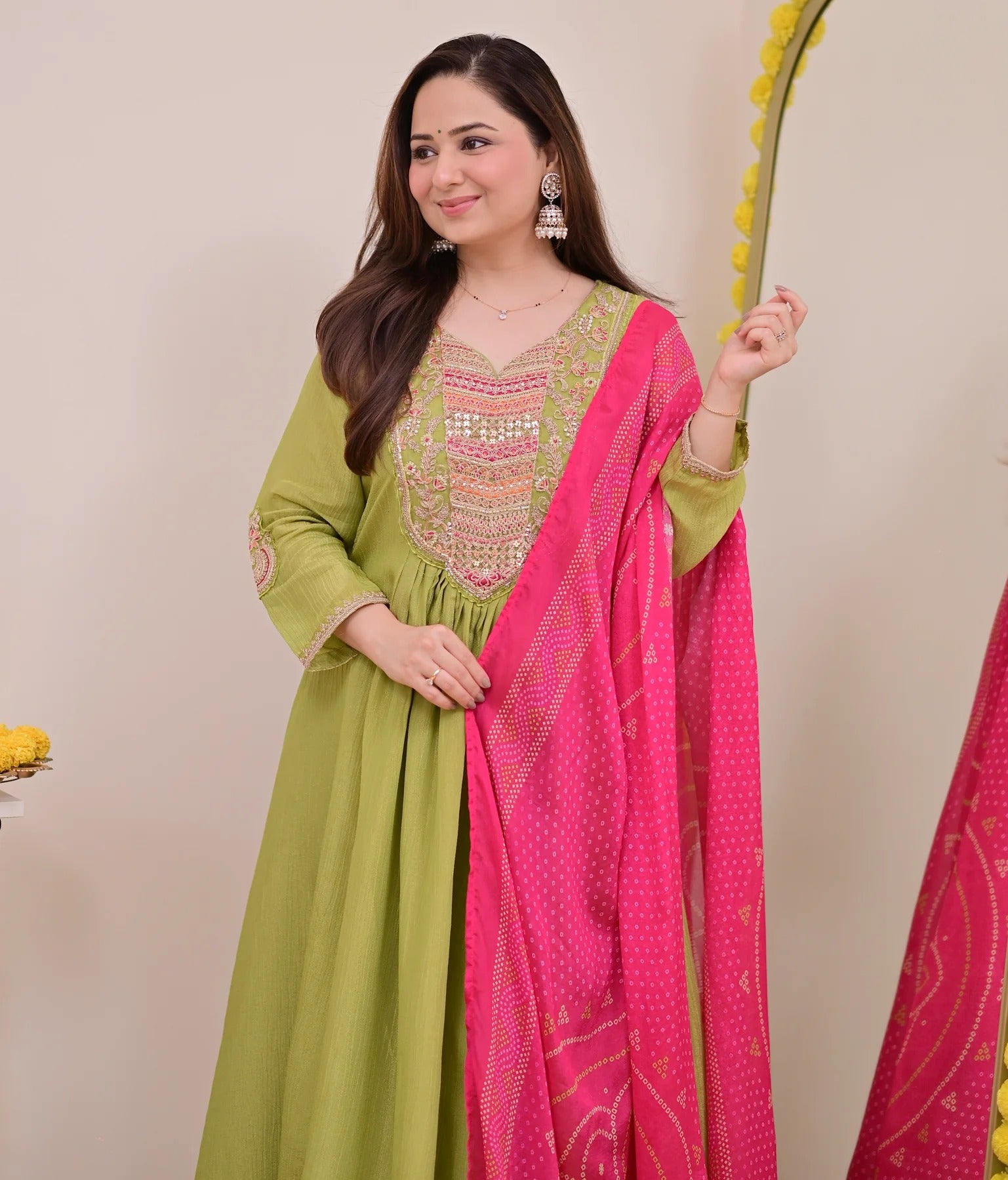 Lime Green Silk Chinon Embroidered Anarkali Kurta Set with Bandhani Print Dupatta