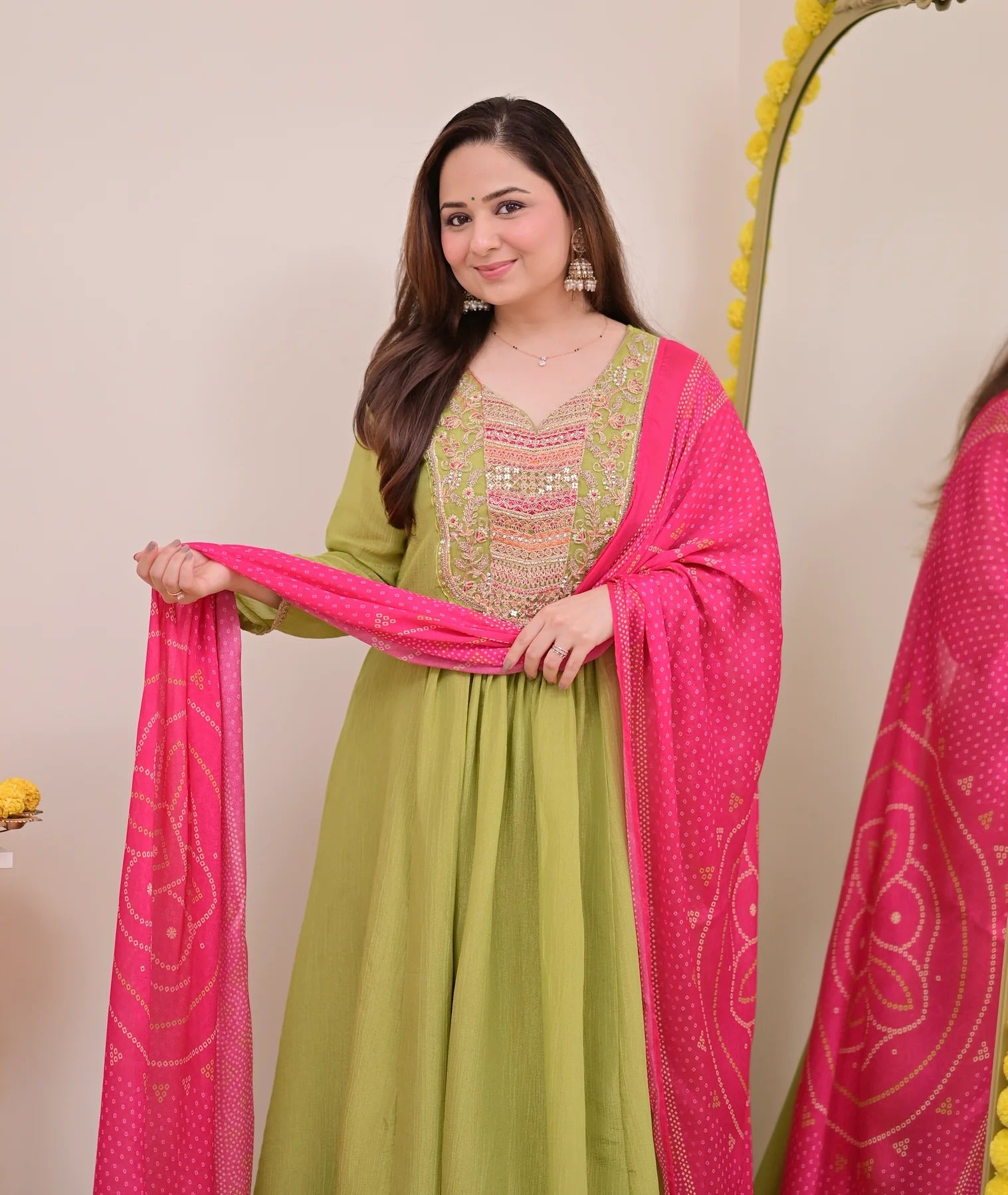 Lime Green Silk Chinon Embroidered Anarkali Kurta Set with Bandhani Print Dupatta