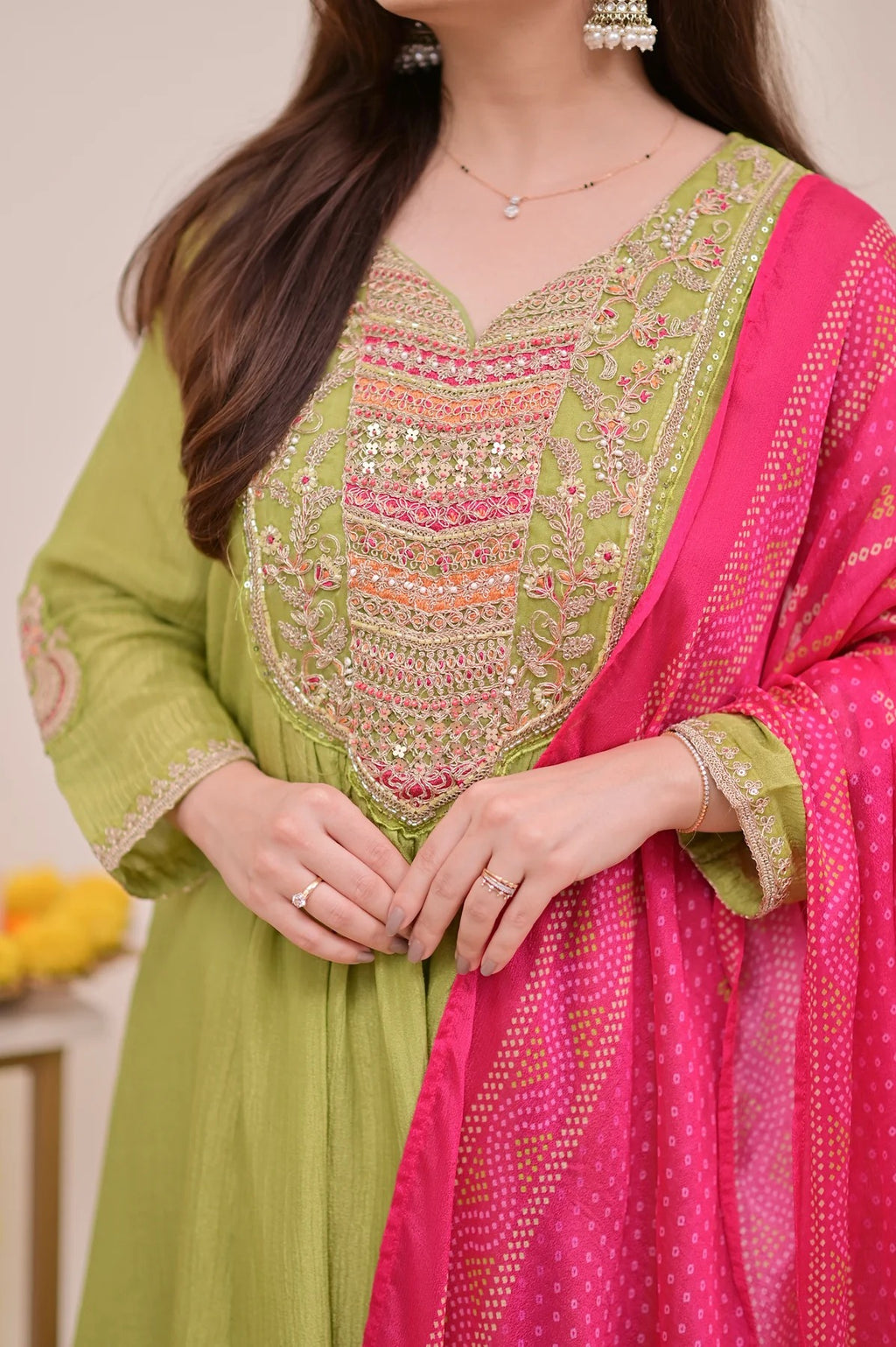 Lime Green Silk Chinon Embroidered Anarkali Kurta Set with Bandhani Print Dupatta