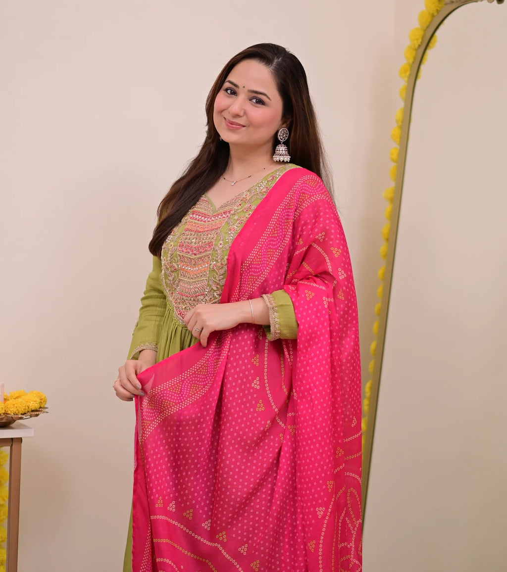Lime Green Silk Chinon Embroidered Anarkali Kurta Set with Bandhani Print Dupatta