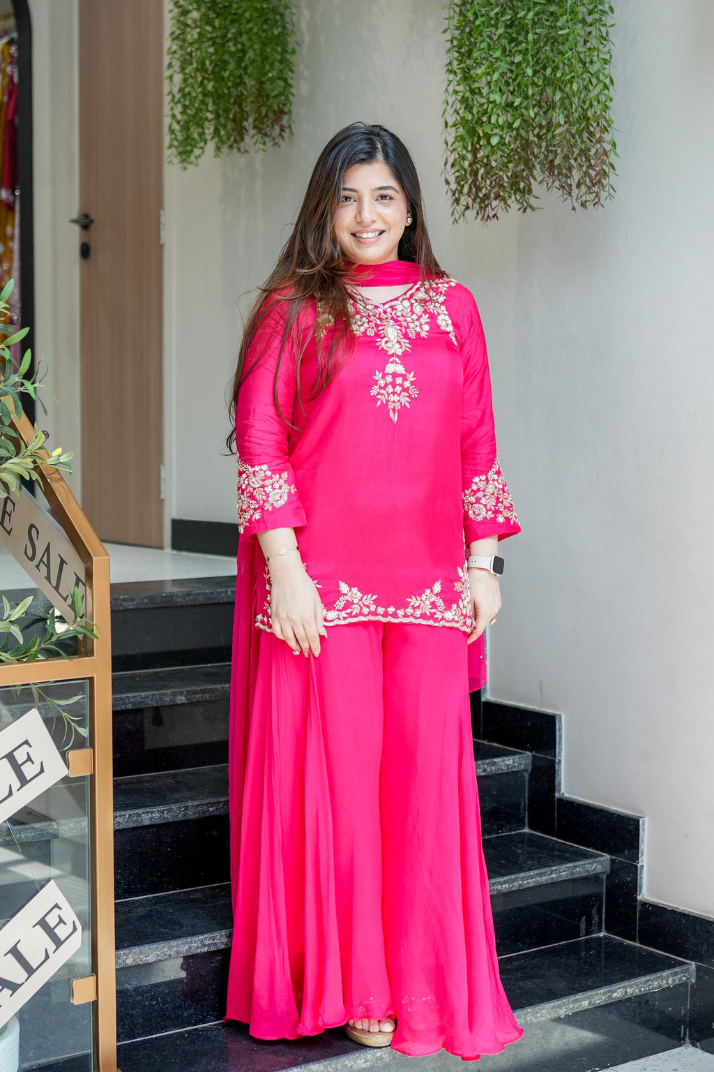 Vibrant Rani Pink Natural Crepe Kurta Set with Opulent Gold Zari Embroidery & Sharara Bottoms