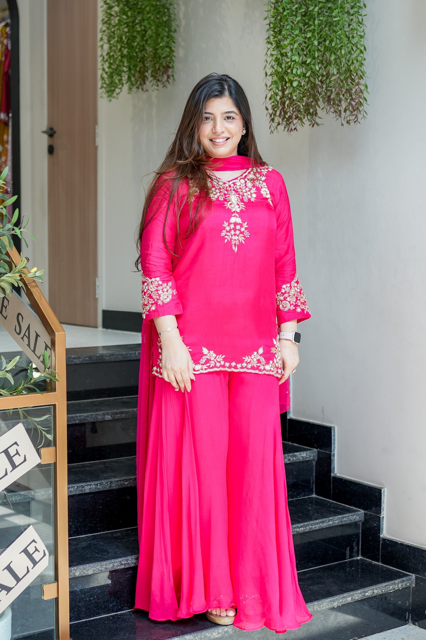Vibrant Rani Pink Natural Crepe Kurta Set with Opulent Gold Zari Embroidery & Sharara Bottoms
